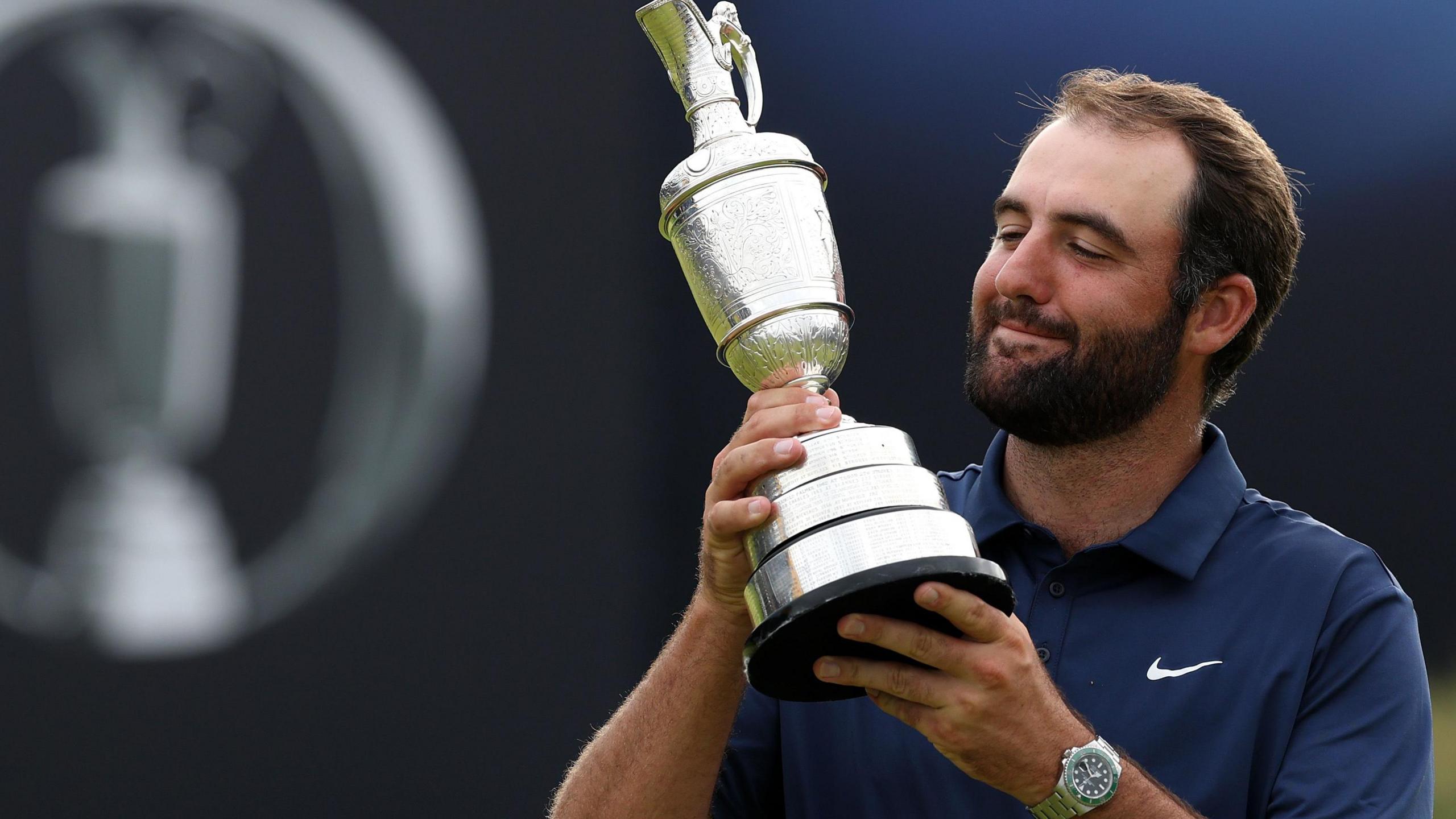 Scottie Scheffler with the Claret Jug after winning The Open in 2025