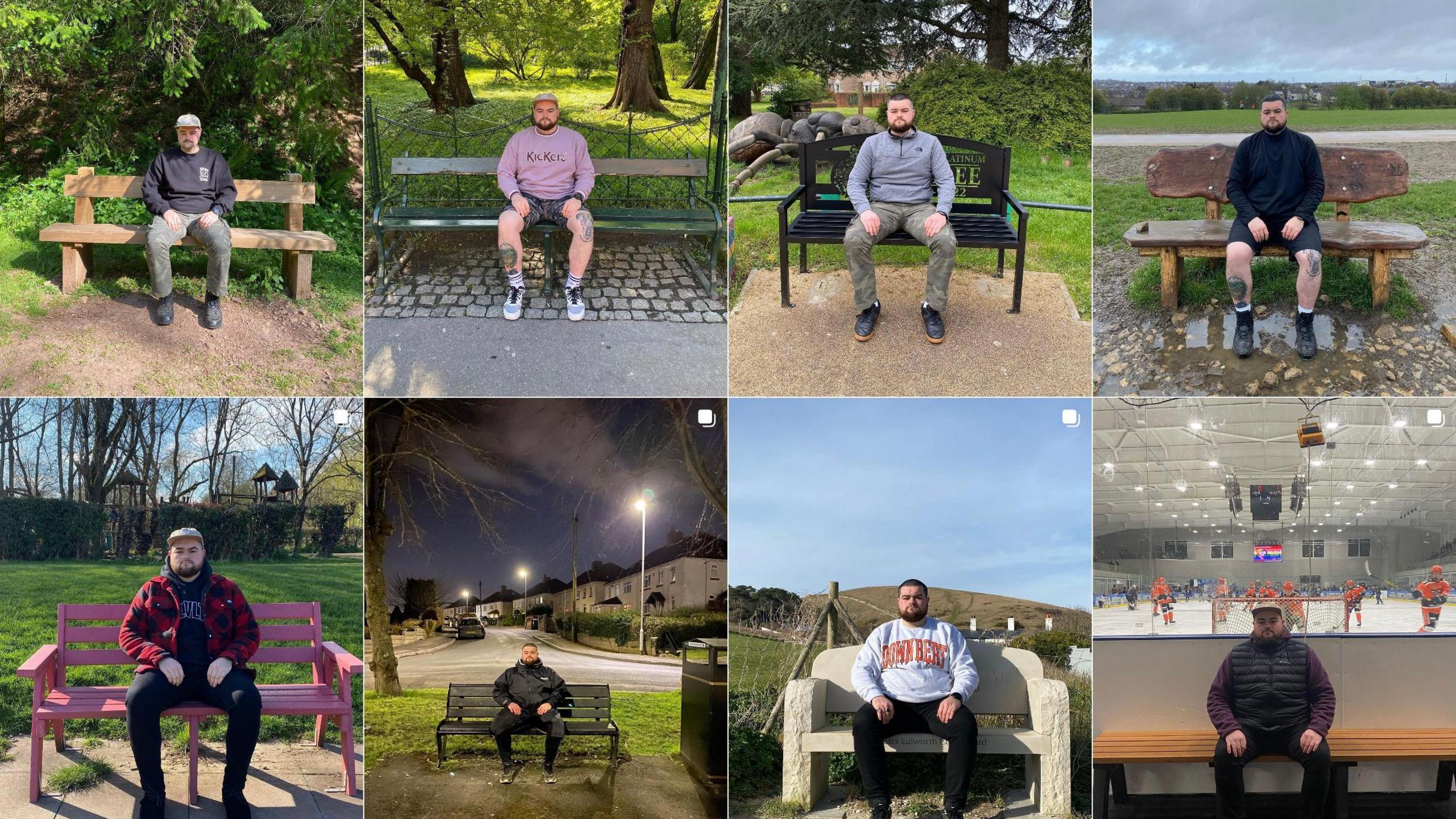 A montage of eight different review photos, with Sam Wilmot sitting on various benches looking at the camera.