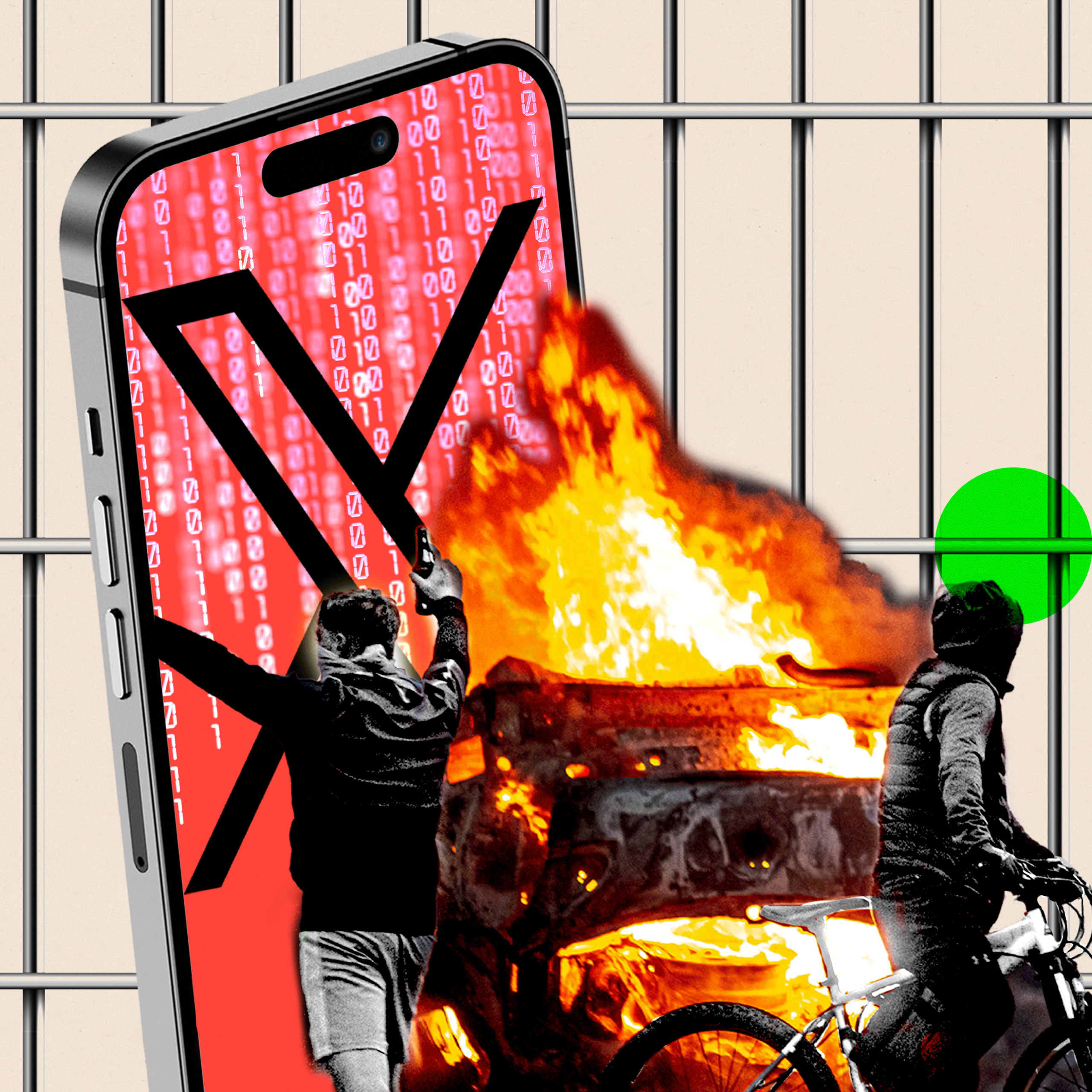 Montage: An iPhone displaying code alongside the 'X' logo, two rioters standing near a burning car, all set against the backdrop of prison bars.