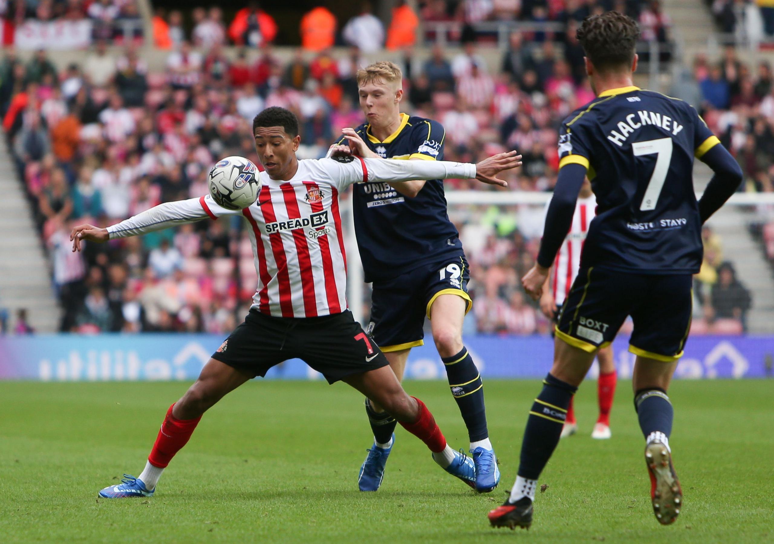 Sunderland's Jobe Bellingham holds off Middlesbrough's Josh Coburn during the Sky Bet Championship match between Sunderland and Middlesbrough at the Stadium Of Light.