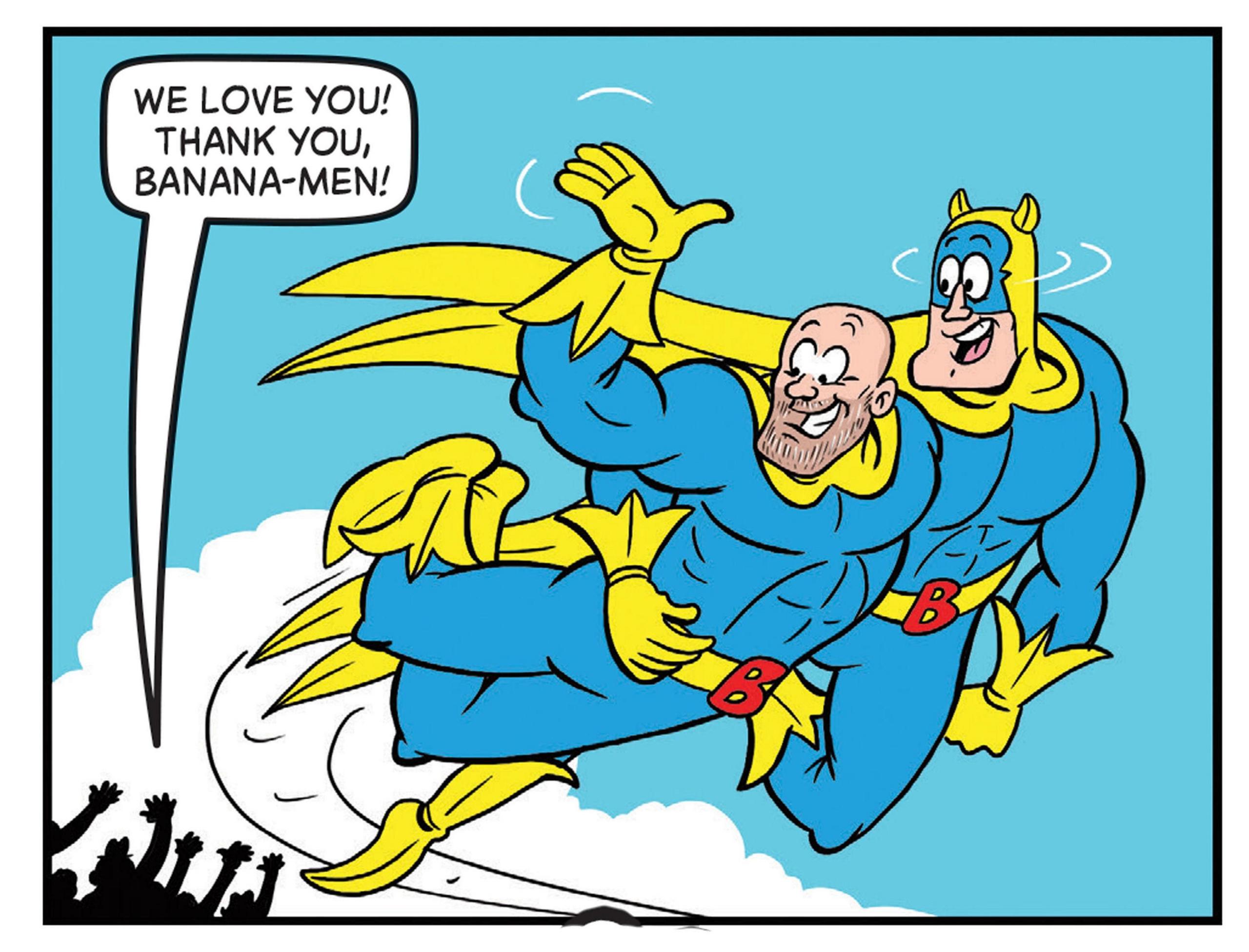 A cartoon image of Bananaman holding onto Mike Tindall as they fly through the air. They are wearing matching blue and yellow costumes. A speech bubble from people on the ground reads: We love You! Thank you, Banana-men!