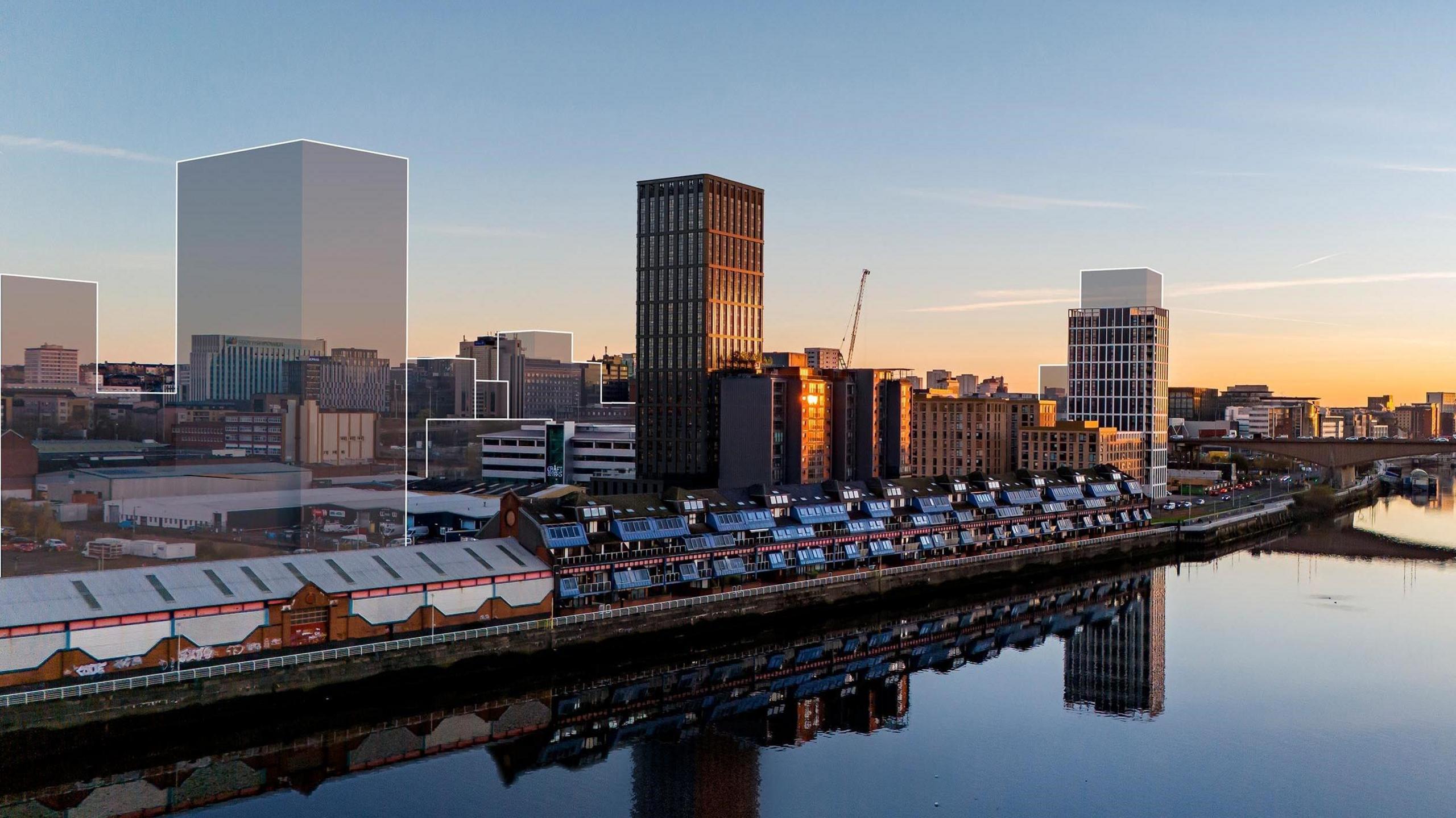 The River Clyde with a computer generated outline of where the new student block would stand once build. The image shows the current tower blocks and existing flats along the river.