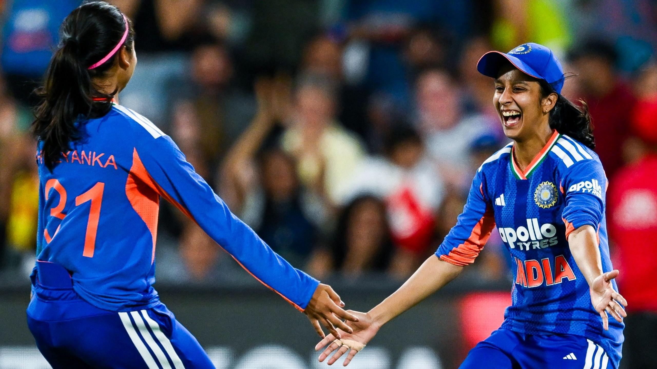Jemimah Rodrigues of India celebrates catching Ashleigh Gardner of Australia during game three 