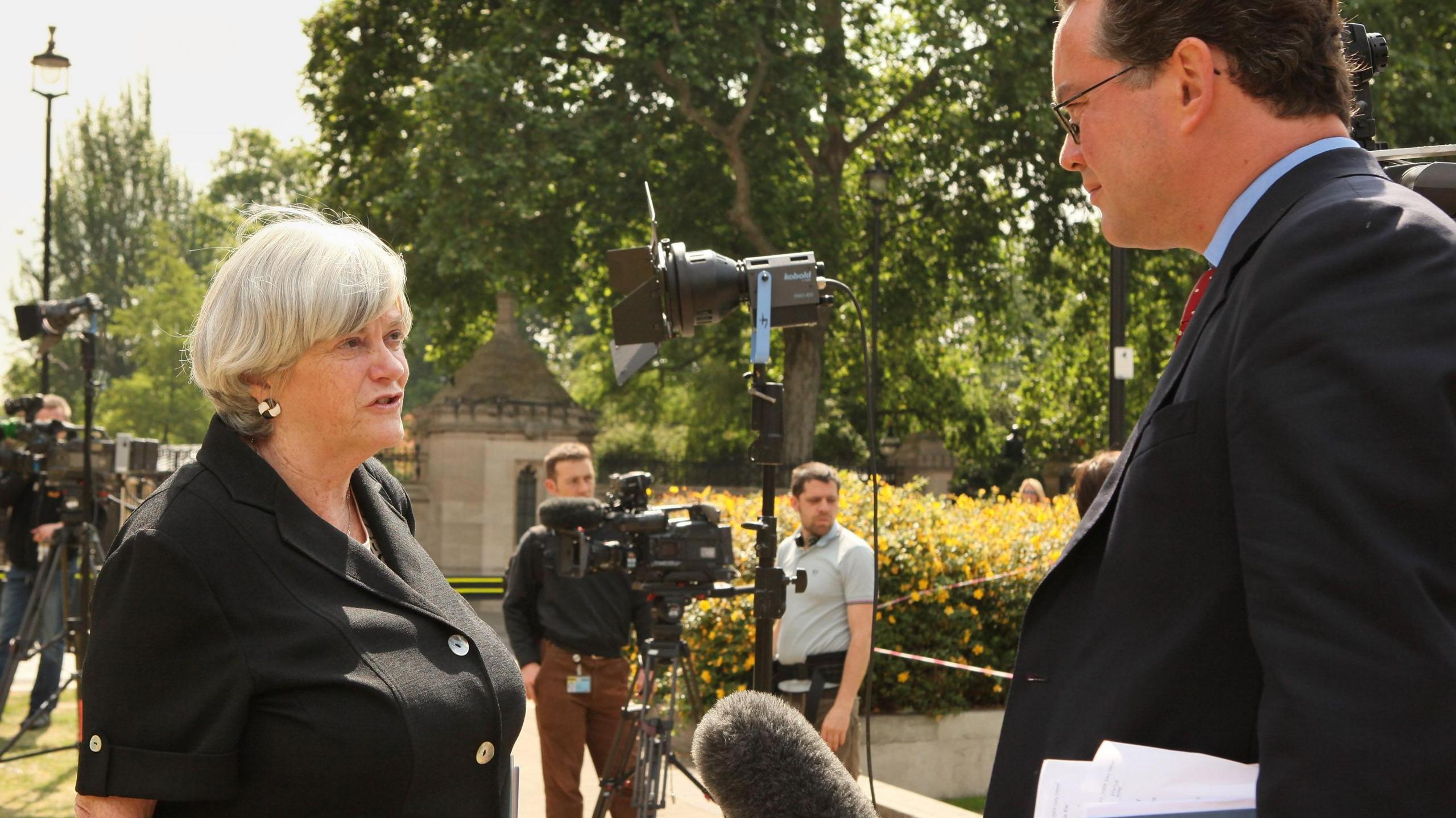 Ann Widdecombe giving a television interview near Parliament on June 22, 2009