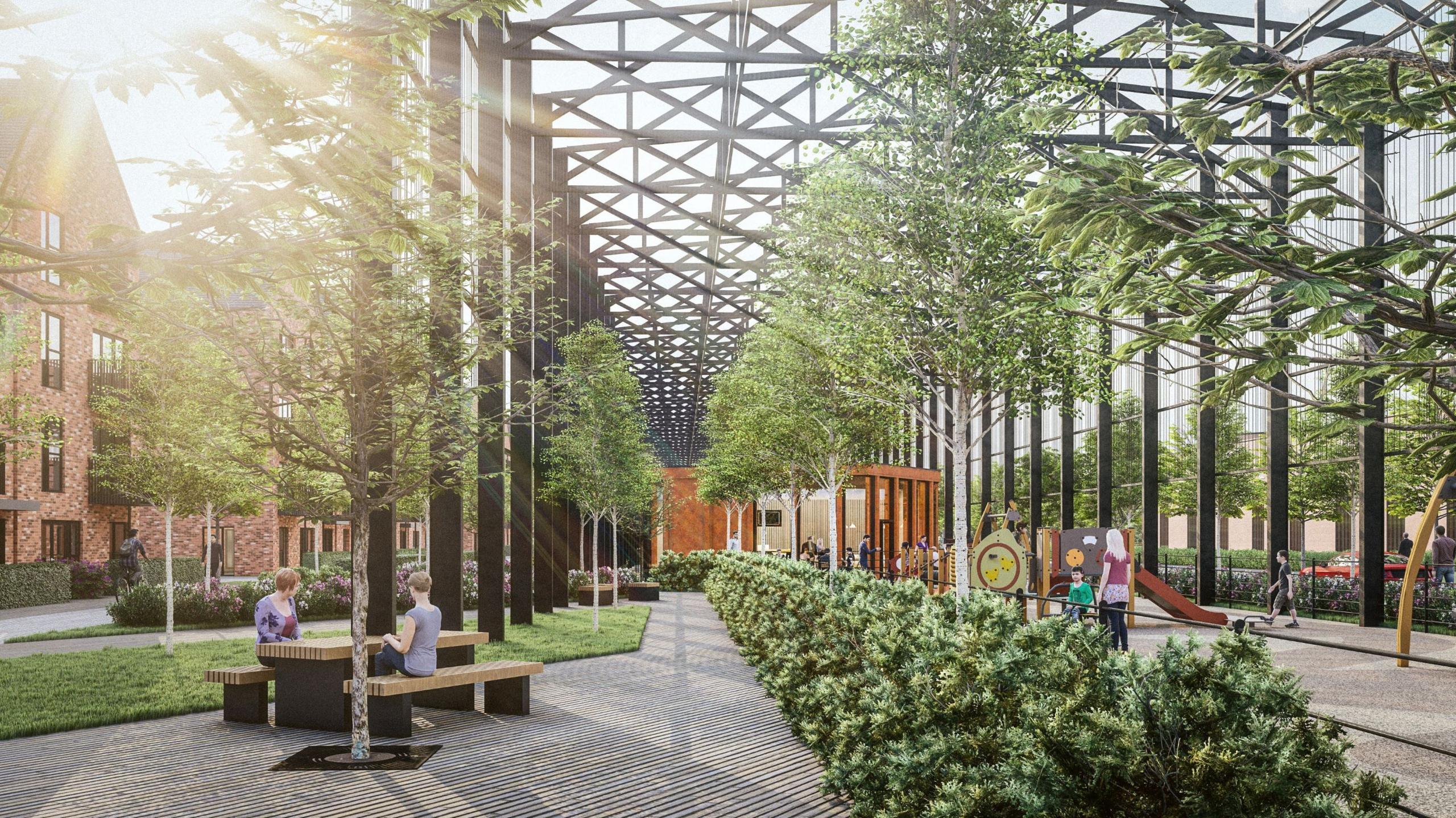 A second computer-generated image of the former CAB building shown from under the structure. People sit on a bench and the children's play area is shown. There are trees and the homes in the background have balconies on the second and third floors and hedges at ground level. 