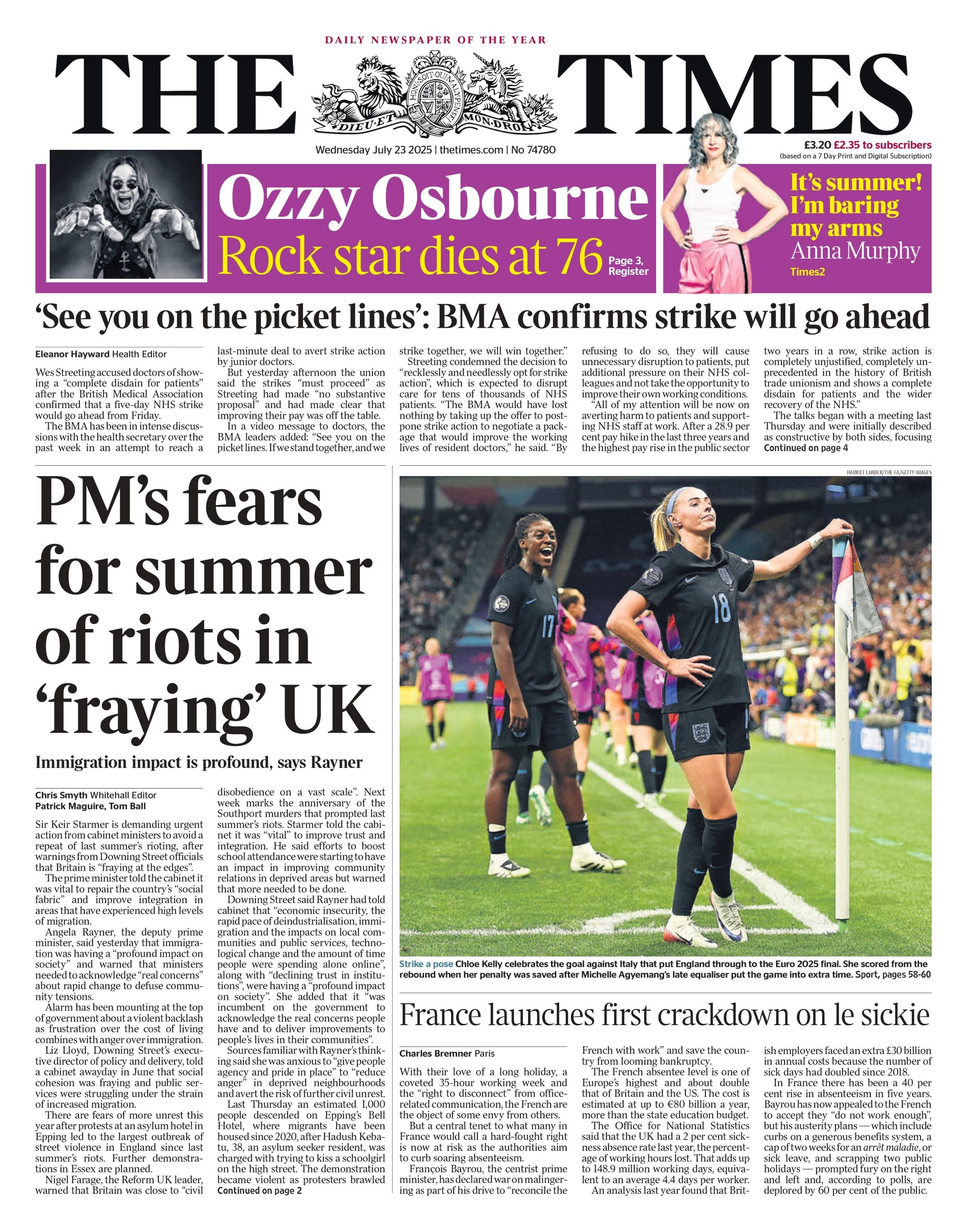 The headline on the front page of the Times reads: "PM's fears for summer of riots in 'fraying' UK".
