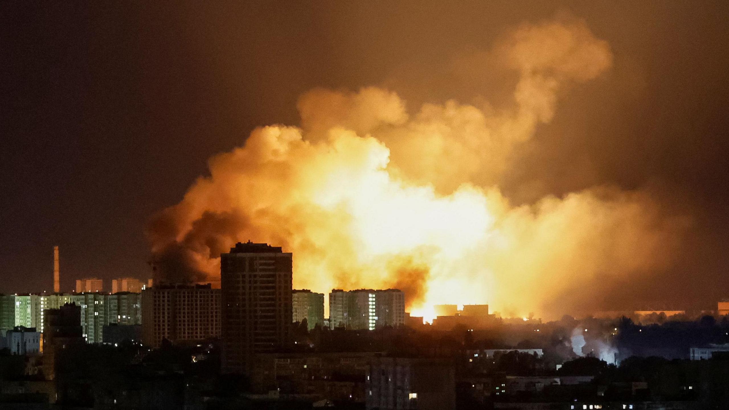 Explosions light up the night sky over Ukrainian capital Kyiv following a major Russian missile and drone attack