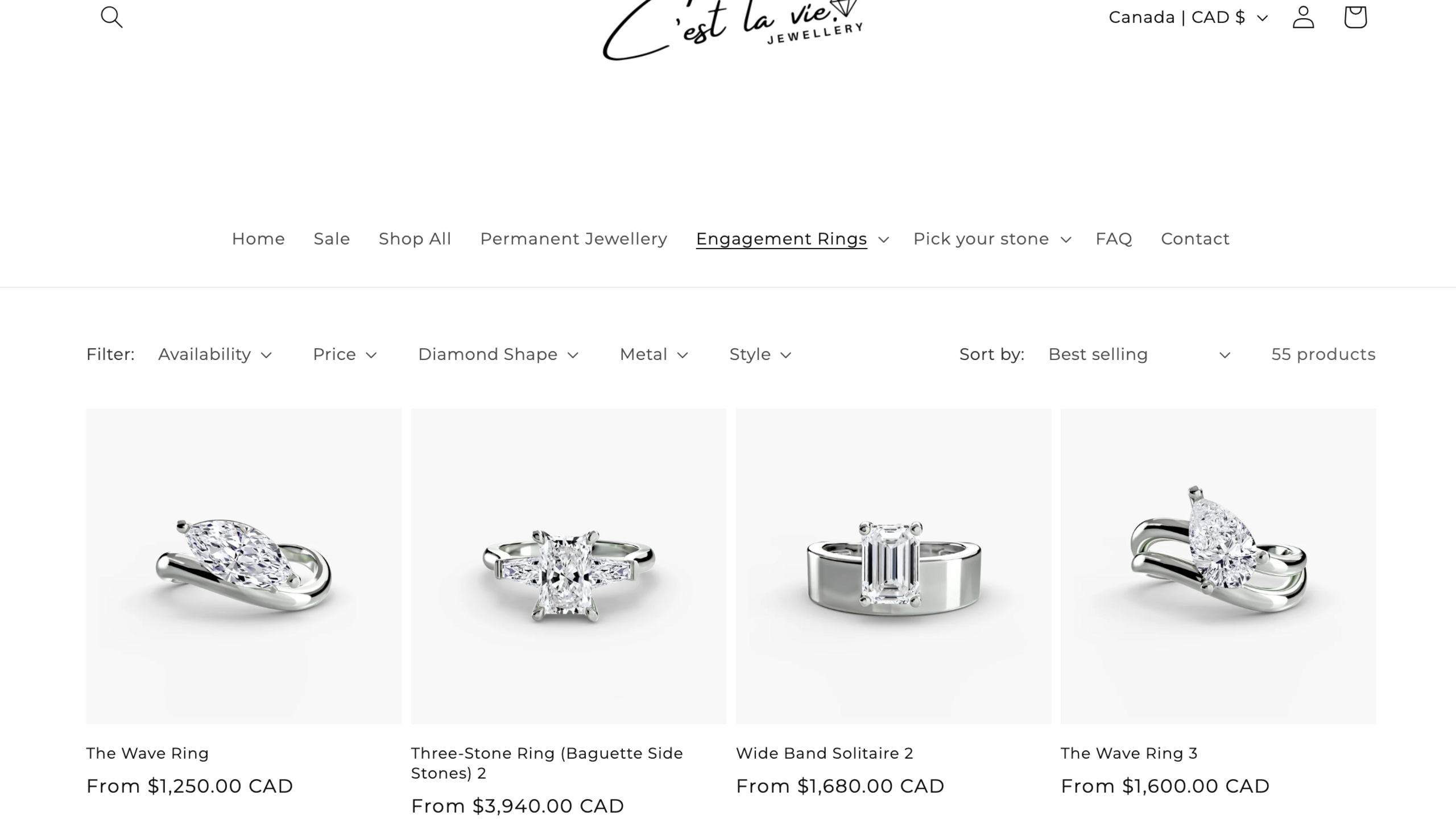 A screengrab of the C'est la vie website which features different silver rings for sale.
