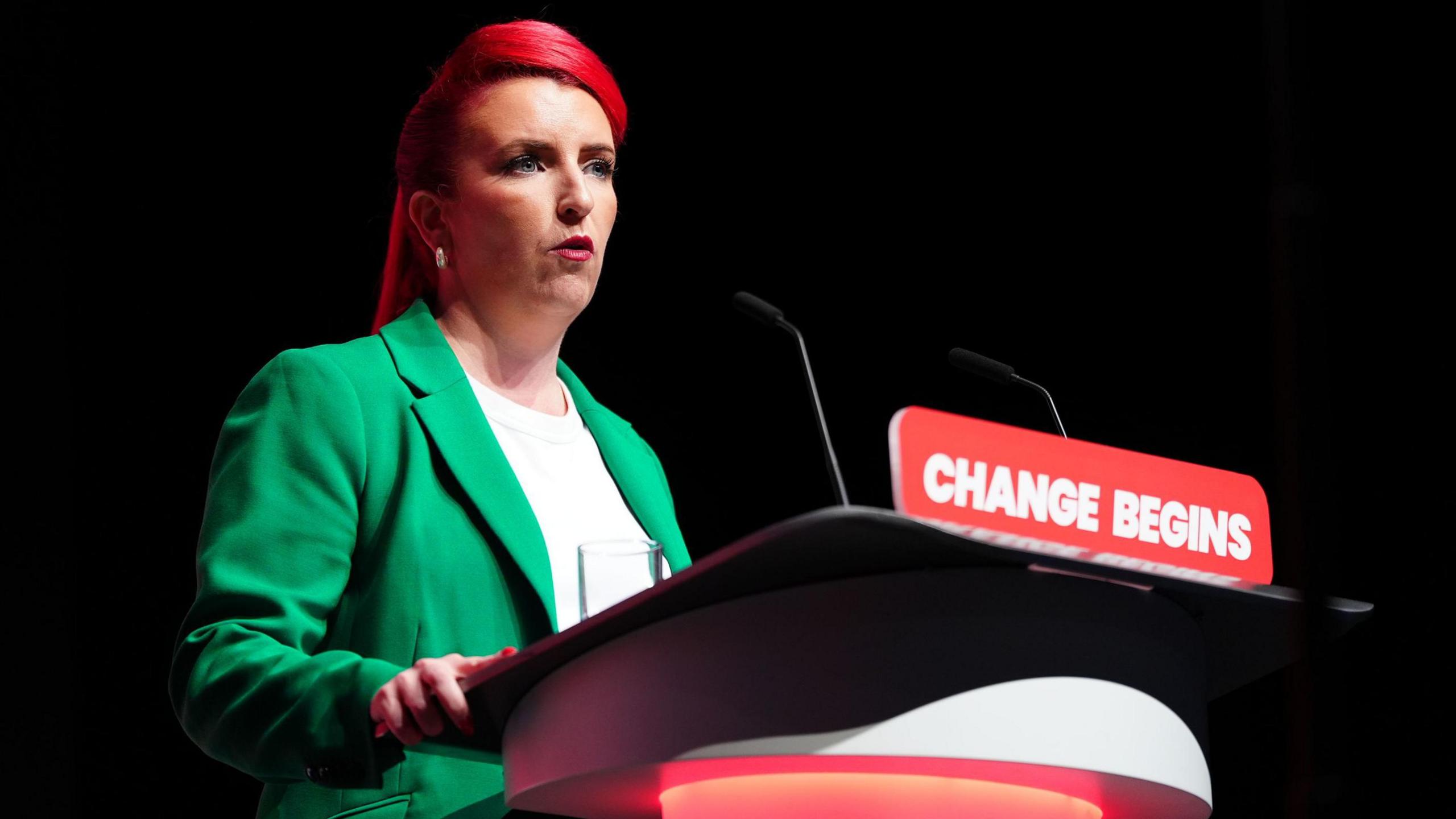 Transport Secretary Louise Haigh addressing Labour conference in the main hall in Liverpool