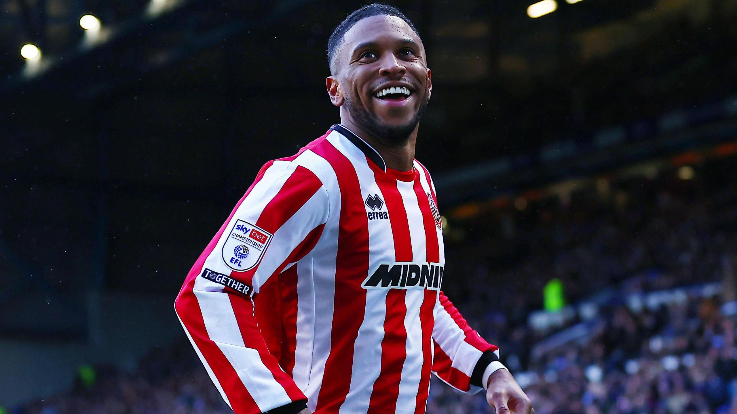 A photo of Tyrese Campbell smiling after scoring a goal against Sheffield Wednesday in the Steel City derby