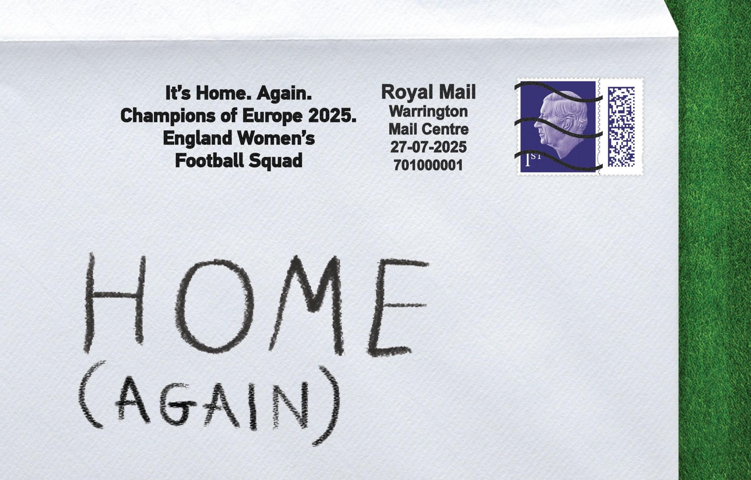 a mock up of the post mark on a letter which reads it's home. again. champions of europe 2025. england women's football squad