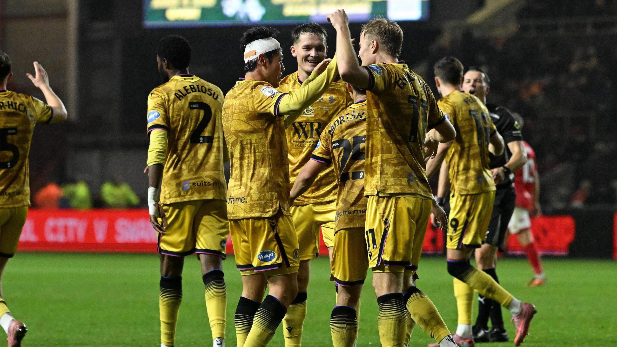 Blackburn Rovers celebrate Yuki Ohashi's goal in their golden kit