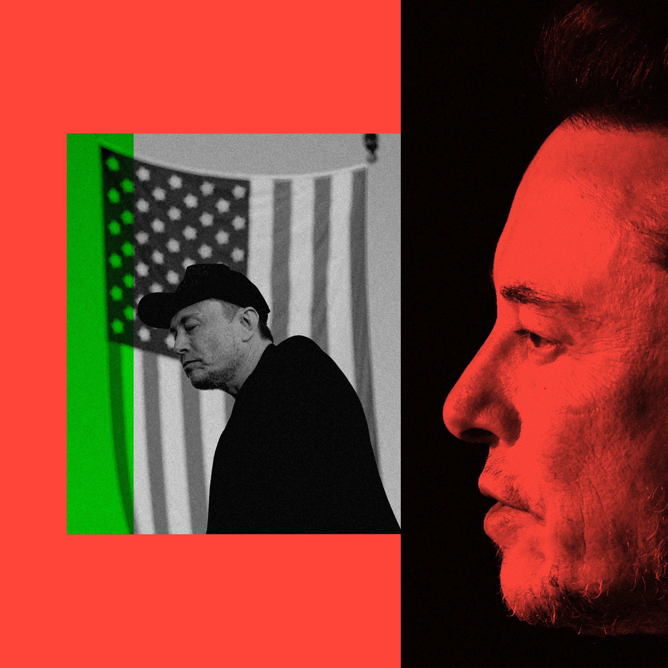 A pair of images of Elon Musk: one featuring him against the backdrop of the American flag, and the other a close-up side profile