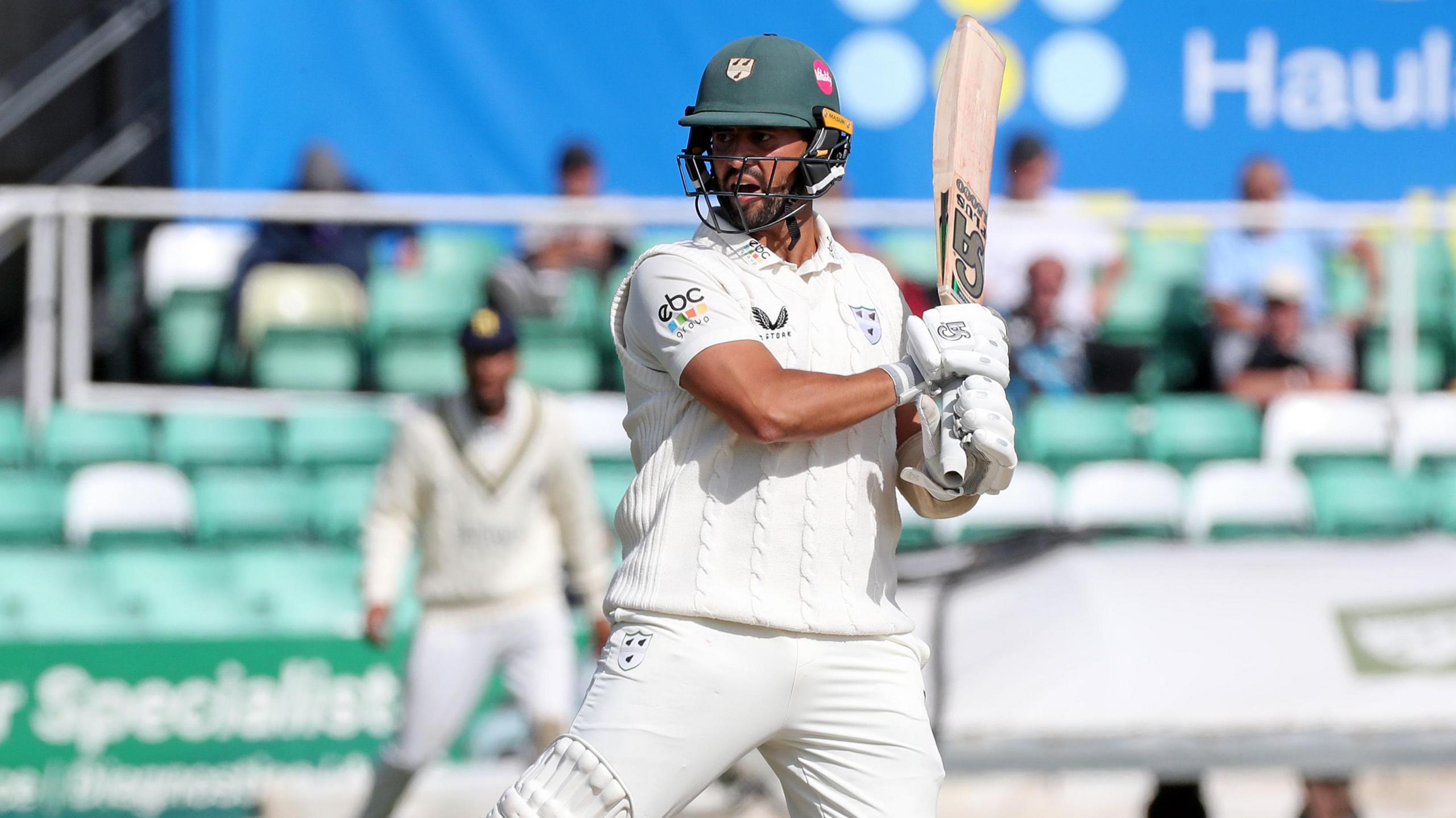 Brett D'Oliveira carves a boundary in his 76 against Warwickshire at New Road 