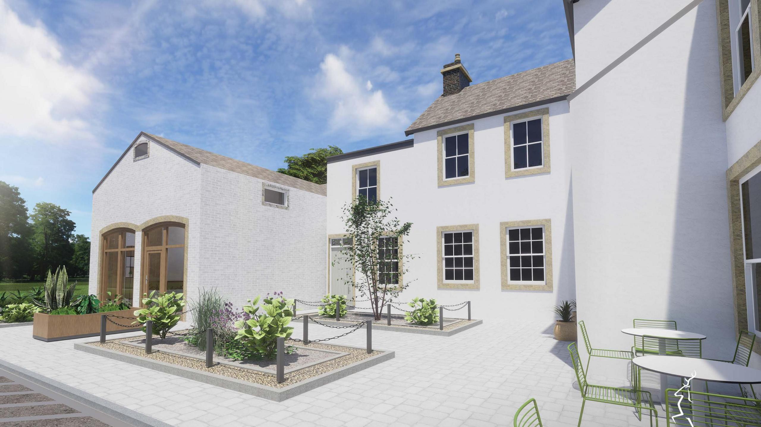 Another computer generated view of a courtyard outside Irvine House with a white exterior and numerous windows and plants situated and some tables and chairs in the foreground