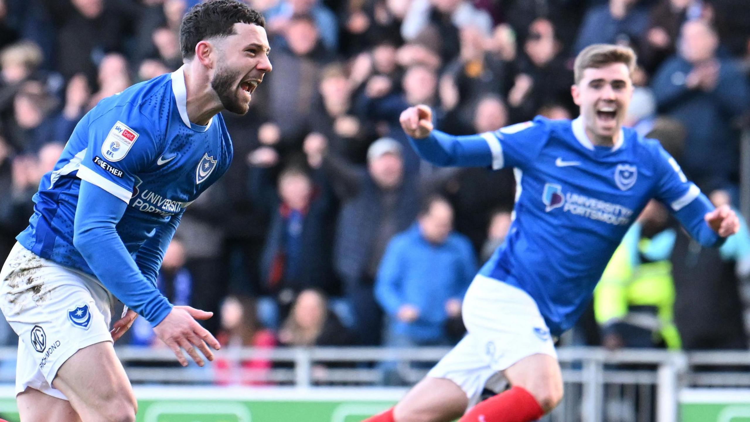 Portsmouth's Conor Chaplin celebrates his first league goal in 18 starts this season