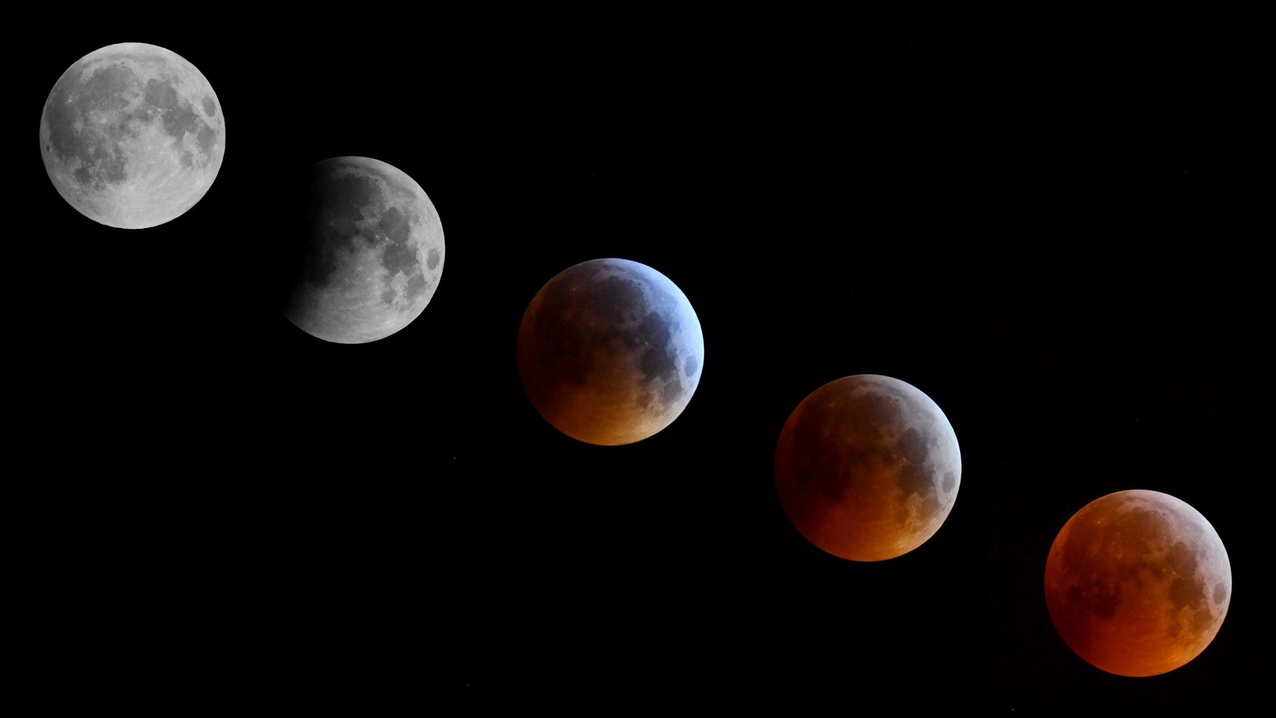 five photographs of the moon getting steadily redder