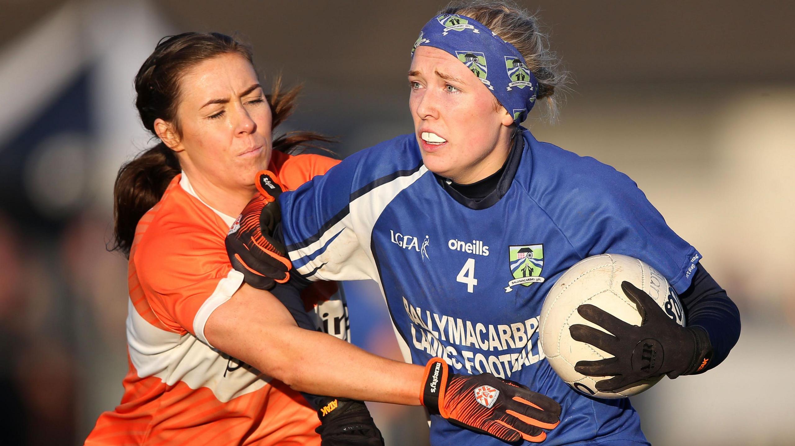 Clann Eireann's Niamh Henderson challenges Ballymacarby's Maeve Ryan in last year's All-Ireland Ladies Club Football semi-final