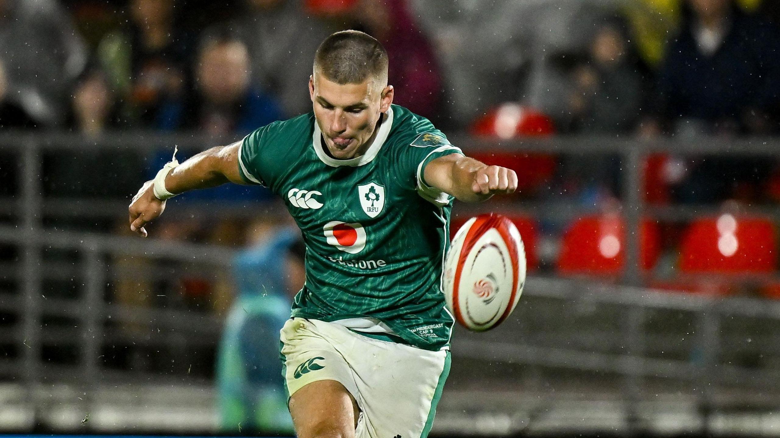 Sam Prendergast kicks off the tee in Ireland's win over Georgia