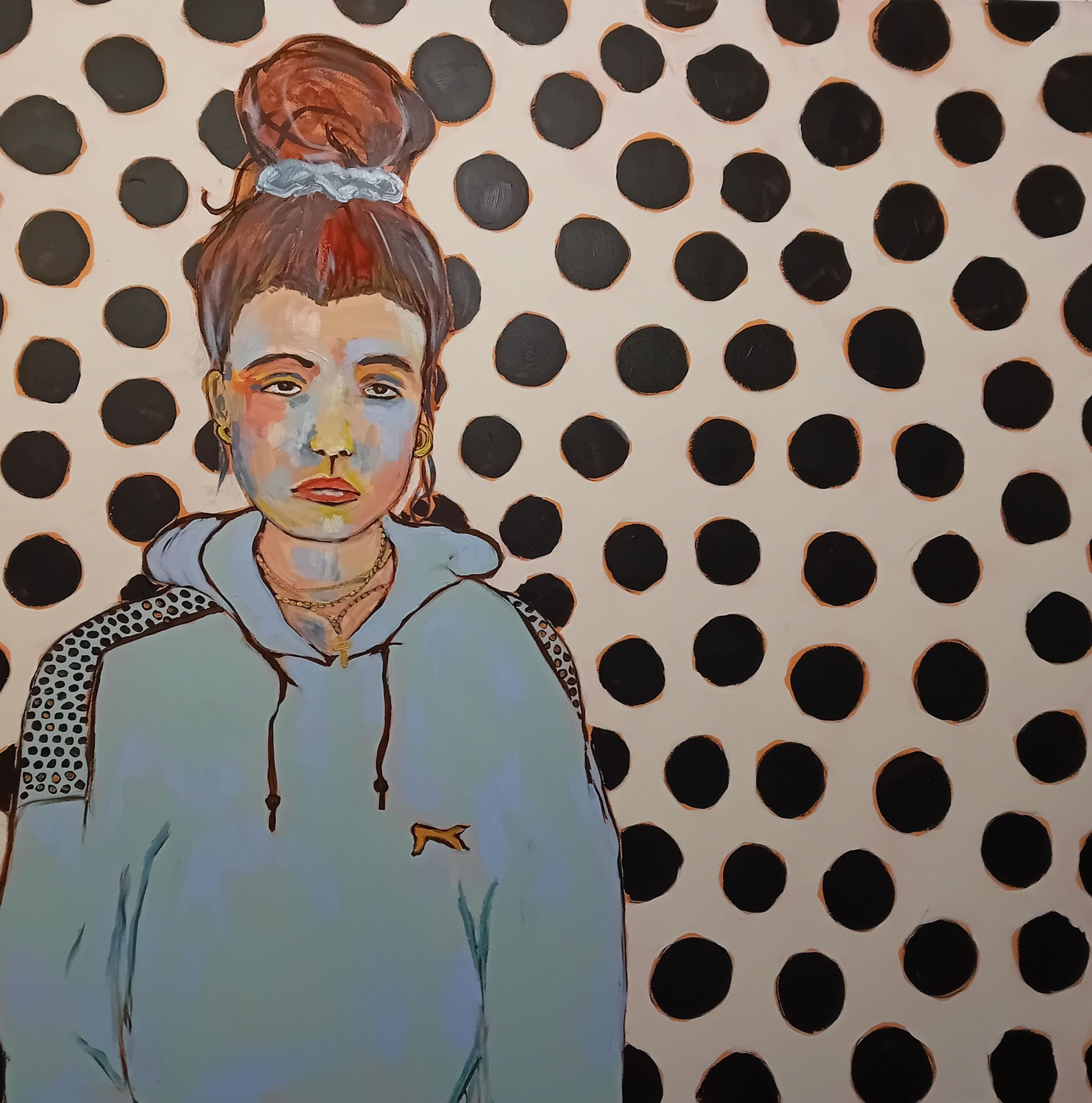 Painting of a teenage girl looking glum, wearing a hoodie and with hair piled on her head, against a background of large rounded black shapes on a white wall