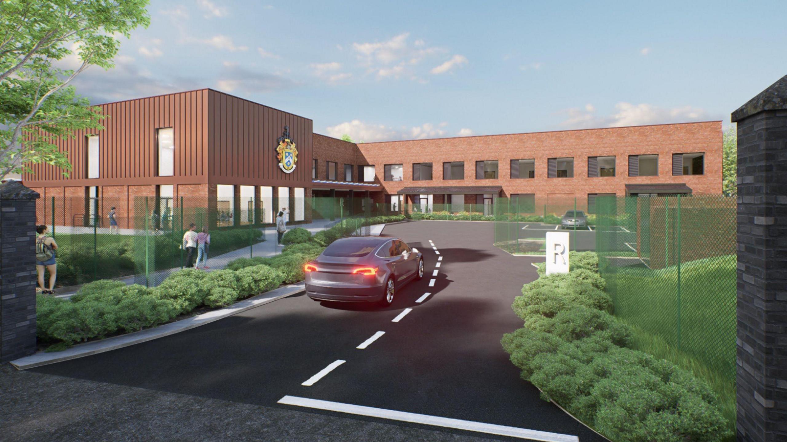 A computer-generated image of a new primary school. A red brick two-story building with a car park in front and low, green shrubs on either side. A car is being driven into the car park.