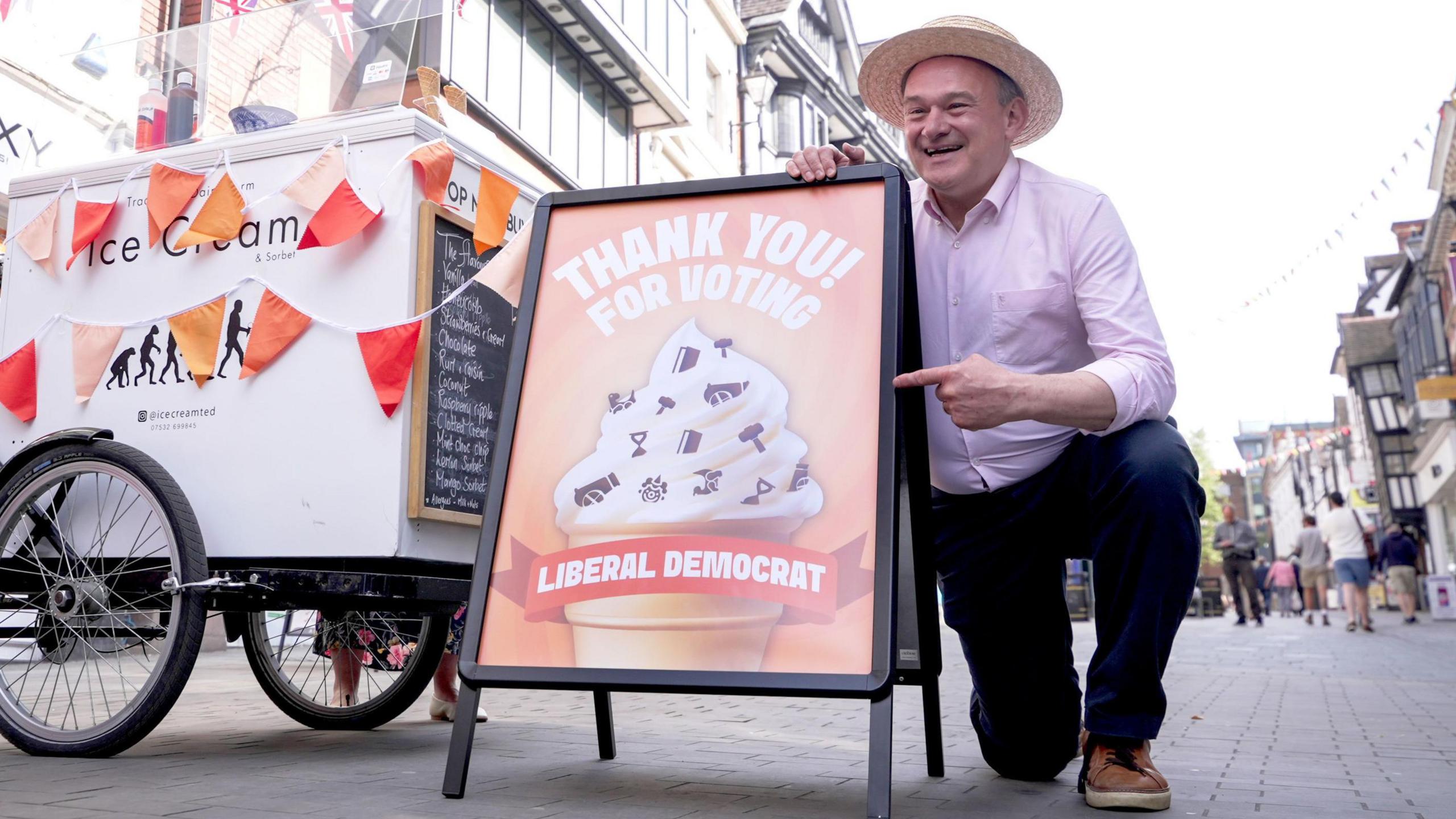 Liberal Democrat Leader Sir Ed Davey serves up ice cream in the hot weather in Shrewsbury, Shropshire, to thank voters following the local elections.