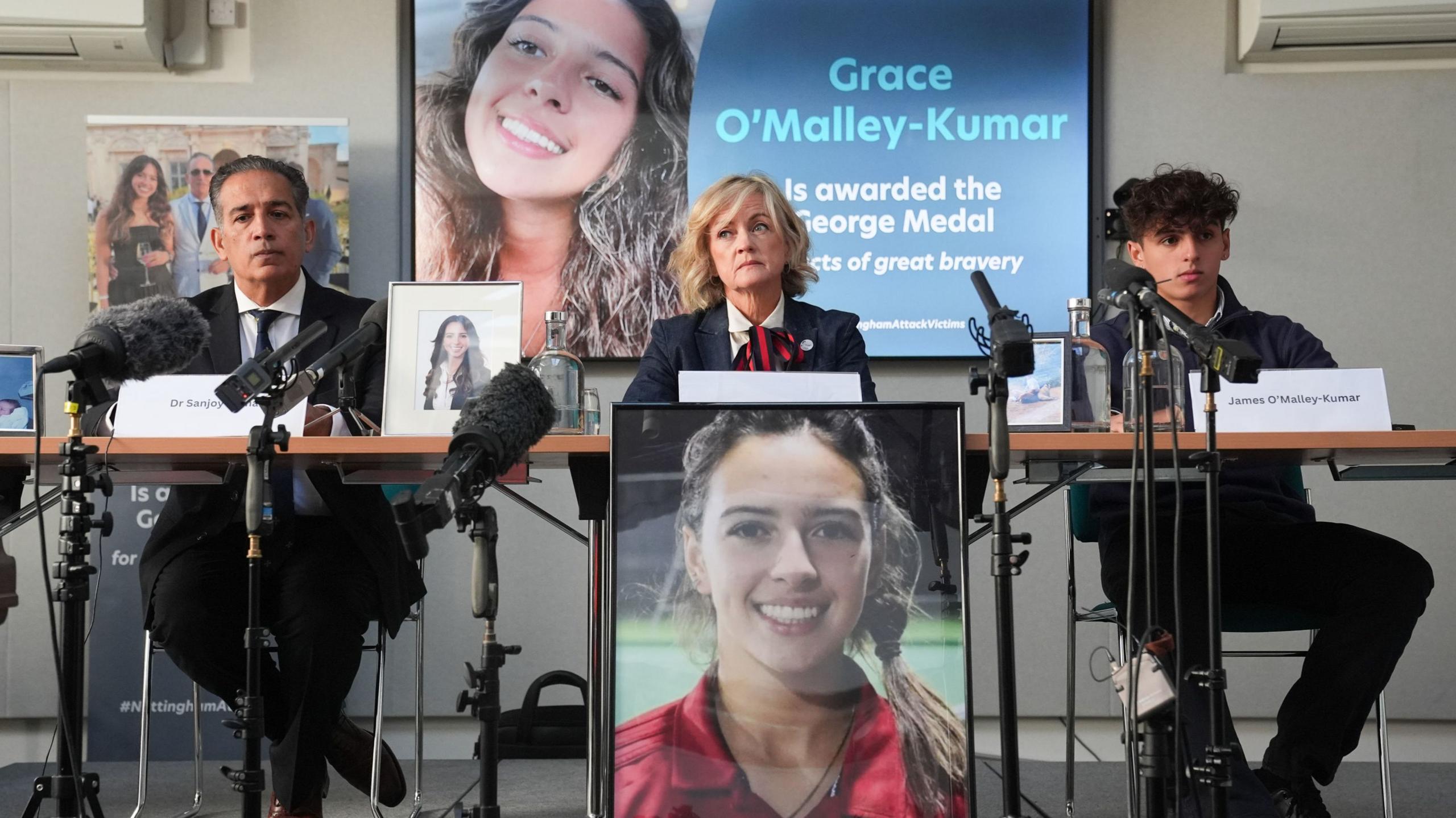 Grace O'Malley Kumar's parents Dr Sanjoy Kumar and Dr Sinead O'Malley, and brother James O'Malley-Kumar speaking during a press conference in central London, after she was posthumously awarded the George Medal for bravery