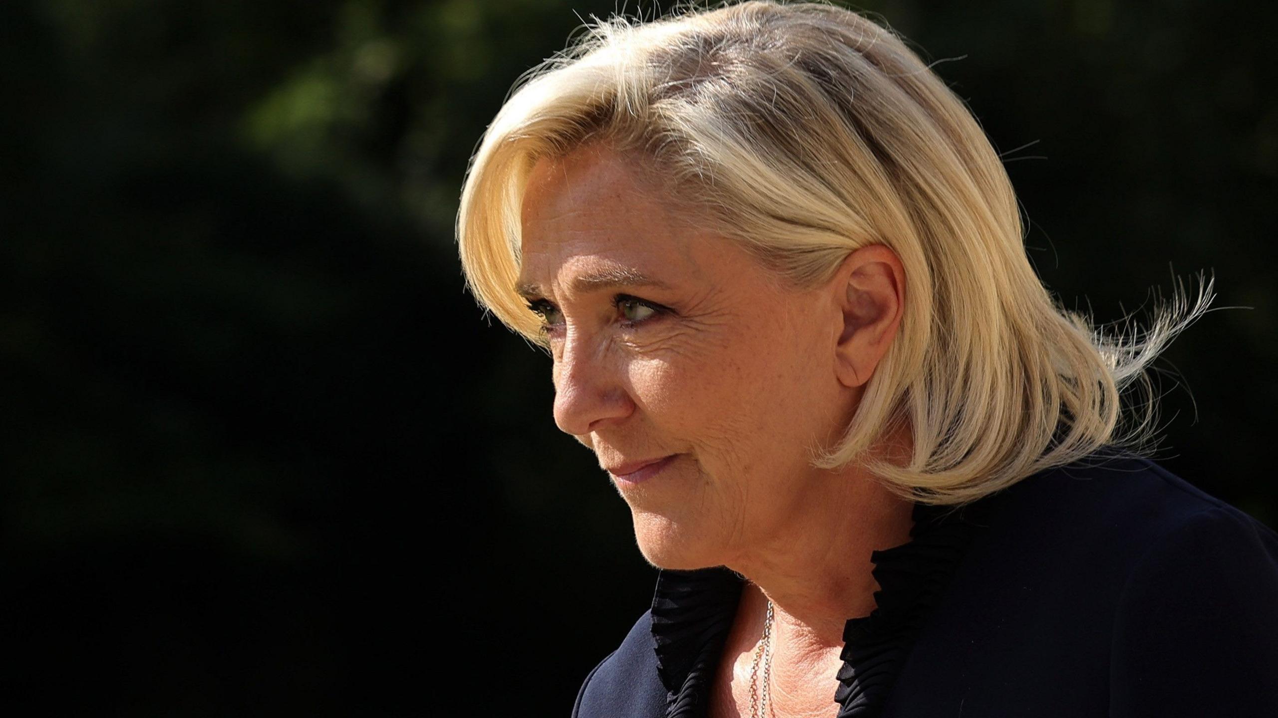 A close-up of Marine Le Pen. She is wearing a dark blue blouse, is slightly smiling and the photo has a very dark background.