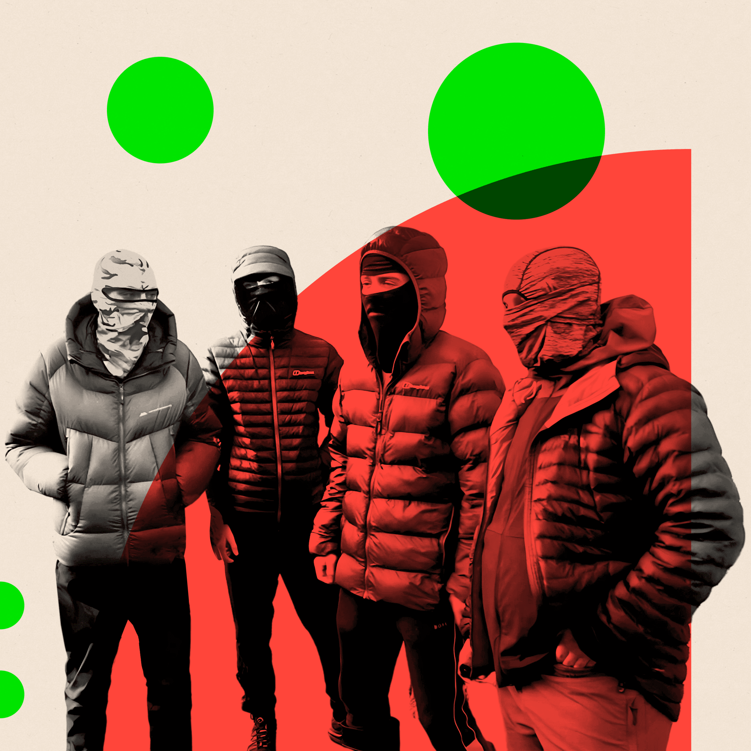 Four young men, their faces obscured by balaclavas and face masks