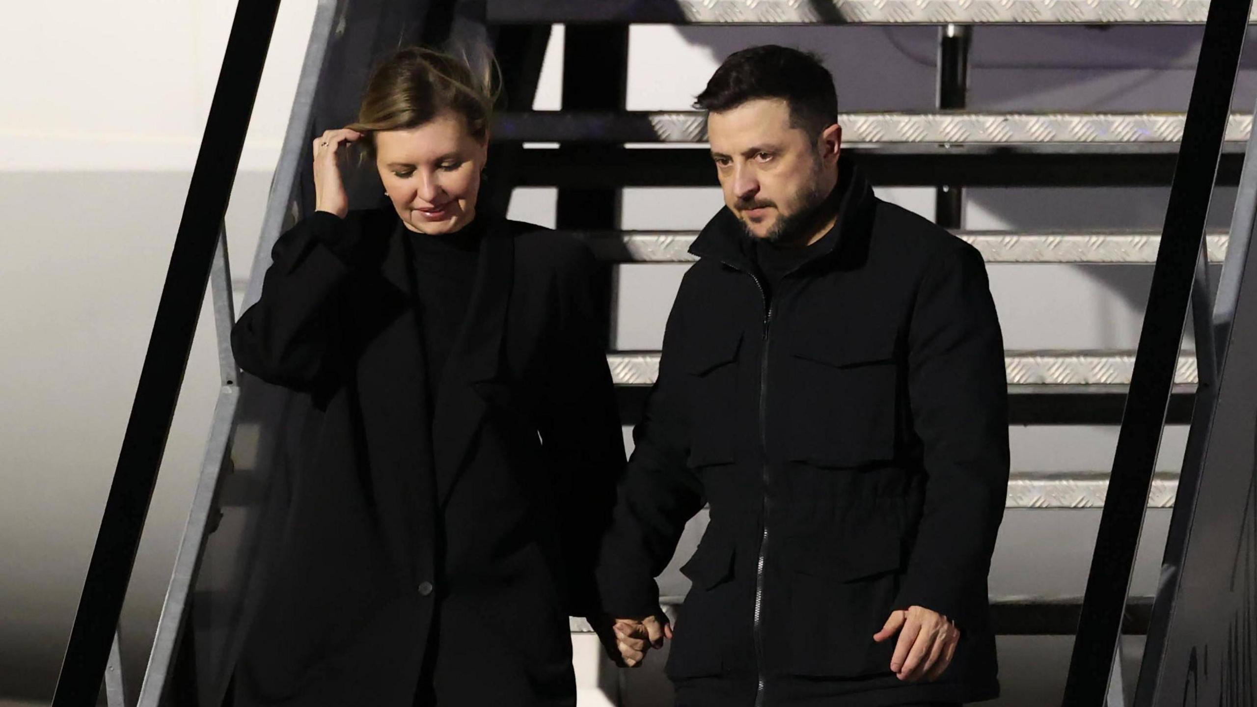 Ukrainian President Volodymyr Zelensky and his wife Olena Zelenska arrive at Dublin Airport for his visit to Ireland