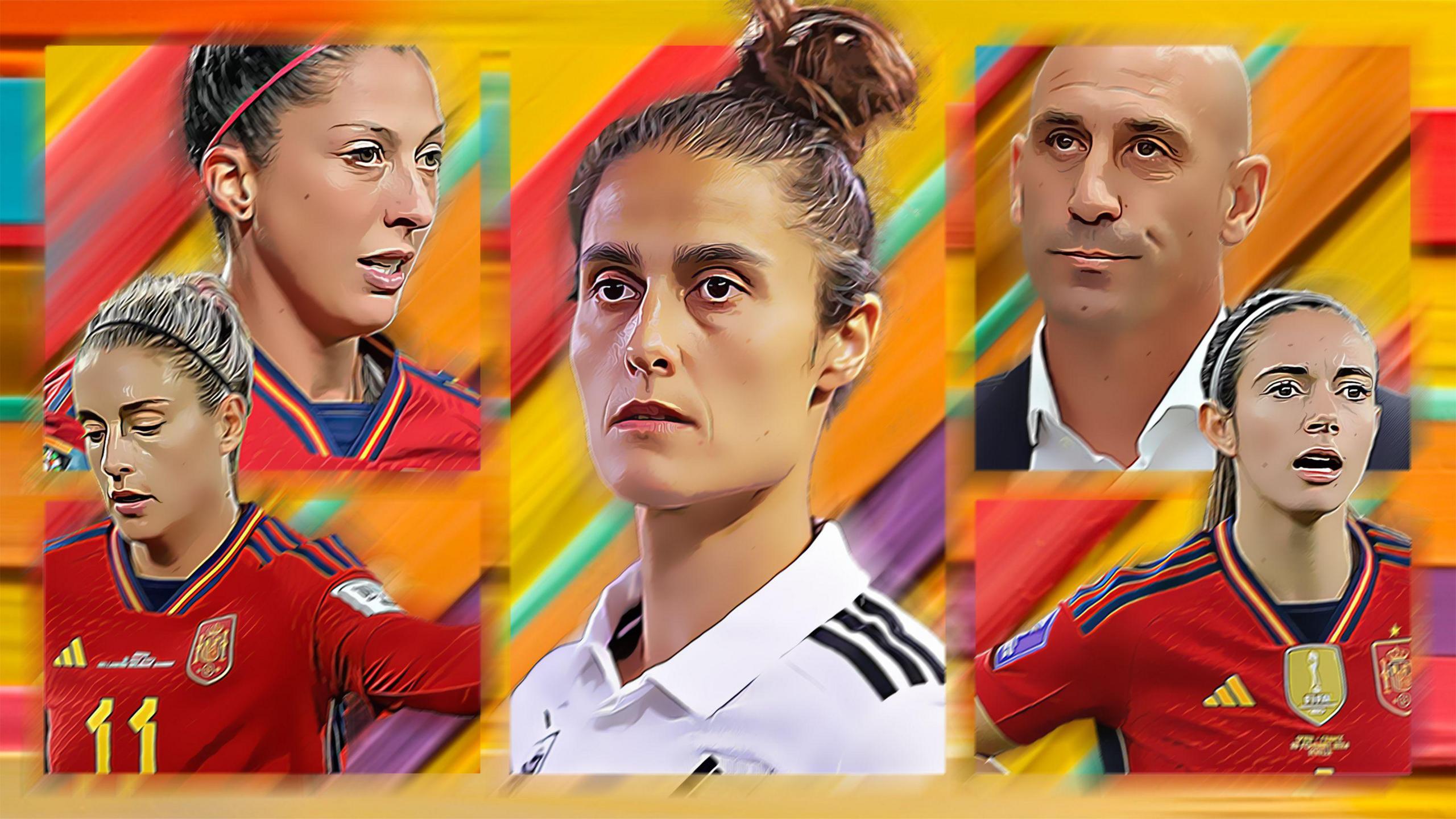 BBC graphic - Jenni Hermoso, Alexia Putellas, Montse Tome, Luis Rubiales, Aitana Bonmati