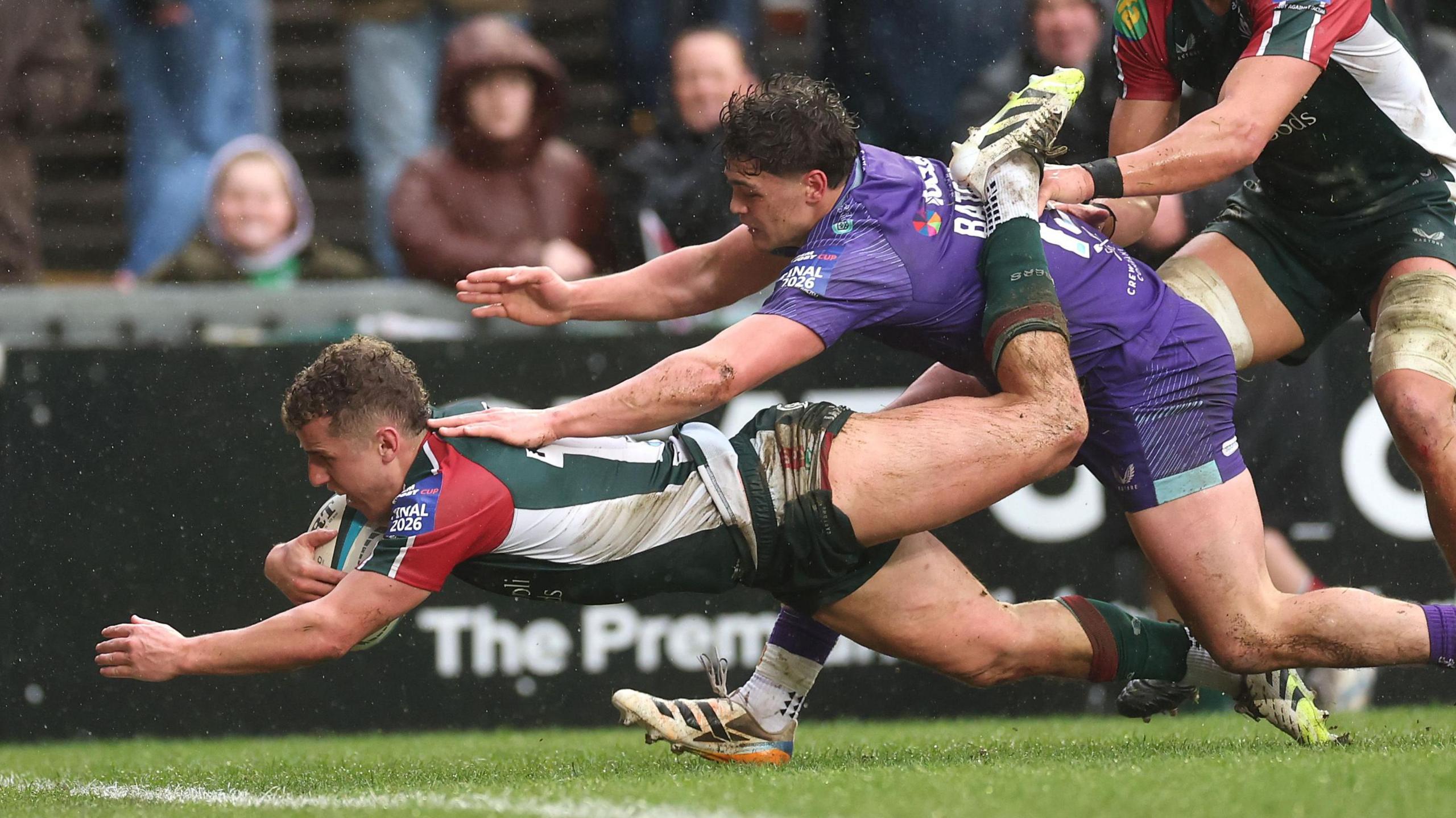 Billy Searle scores his second try of the day for Leicester Tigers during the Prem Rugby Cup final versus Exeter Chiefs.