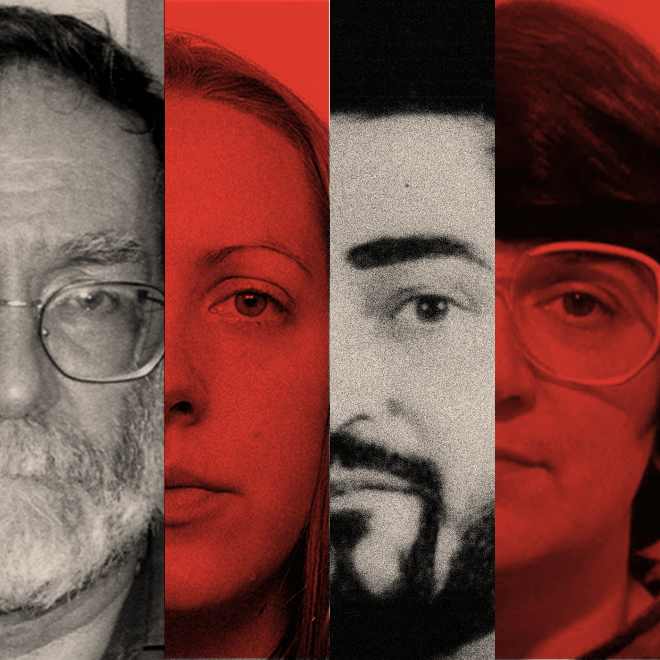 A collage featuring the mugshots of Harold Shipman, Lucy Letby, Peter Sutcliffe, and Rose West, arranged from left to right. Each face is halved, showing only one side. Lucy Letby and Rose West’s images are tinted red.