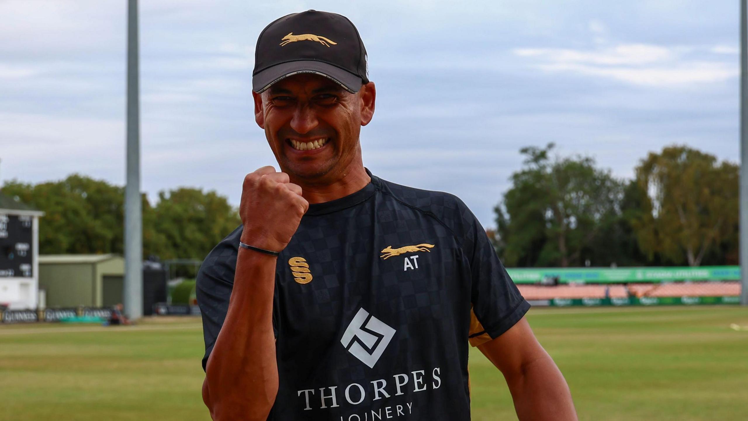 Alfonso Thomas clenches his fist in celebration after Leicestershire's semi-final win over Nottinghamshire