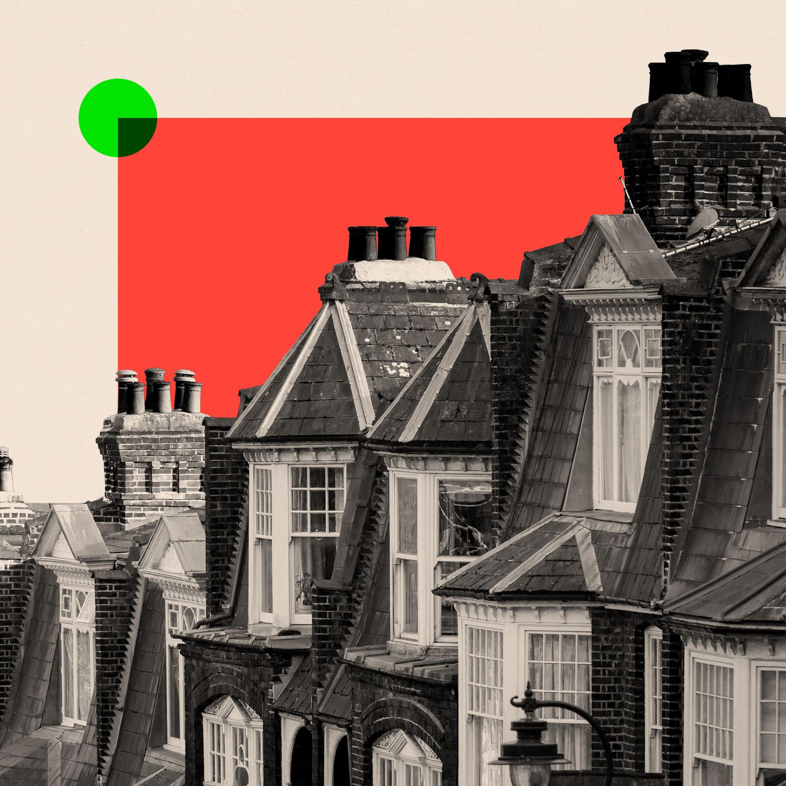 A treated image of a close up shot of the roofs of a row of houses