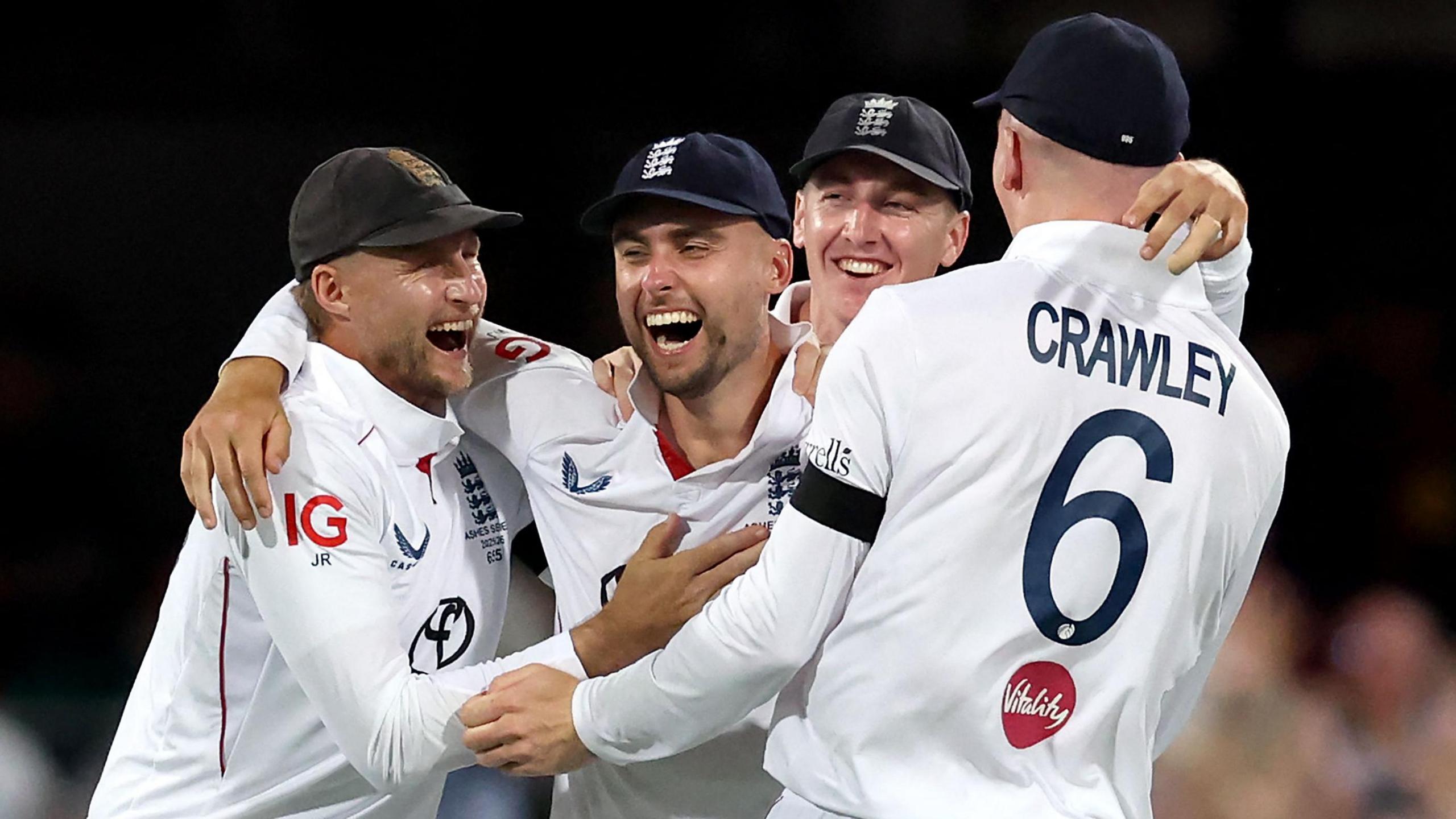 Will Jacks is mobbed by Joe Root, Zak Crawley and Harry Brook