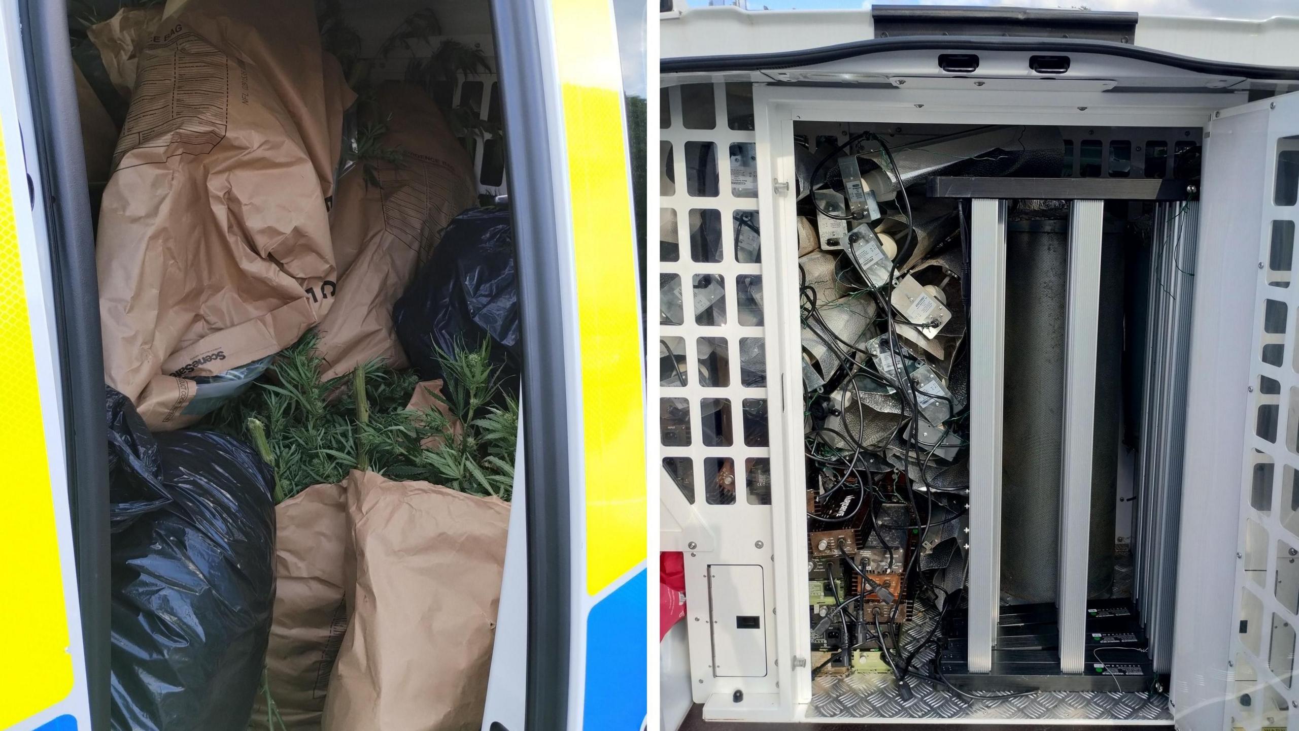 Two images side-by-side that show bags full of cannabis in a police van on the left, and electrical equipment and wires in the back of a police van on the right