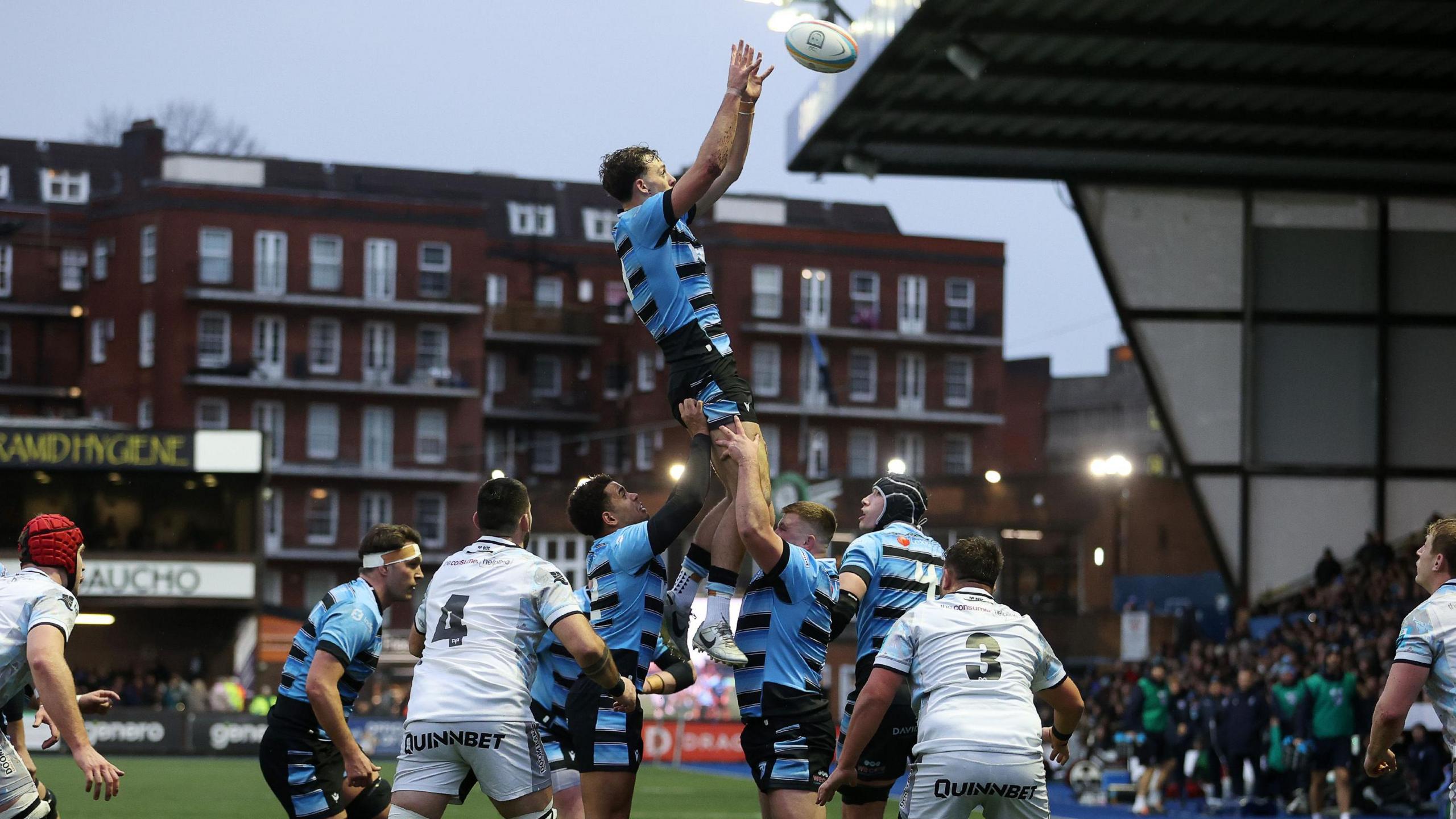 Louie Hennessey wins lineout ball for Cardiff