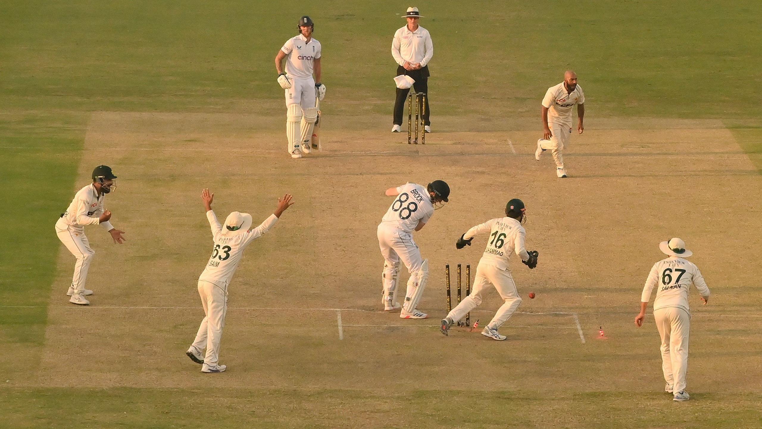 Pakistan celebrate Harry Brook's wicket