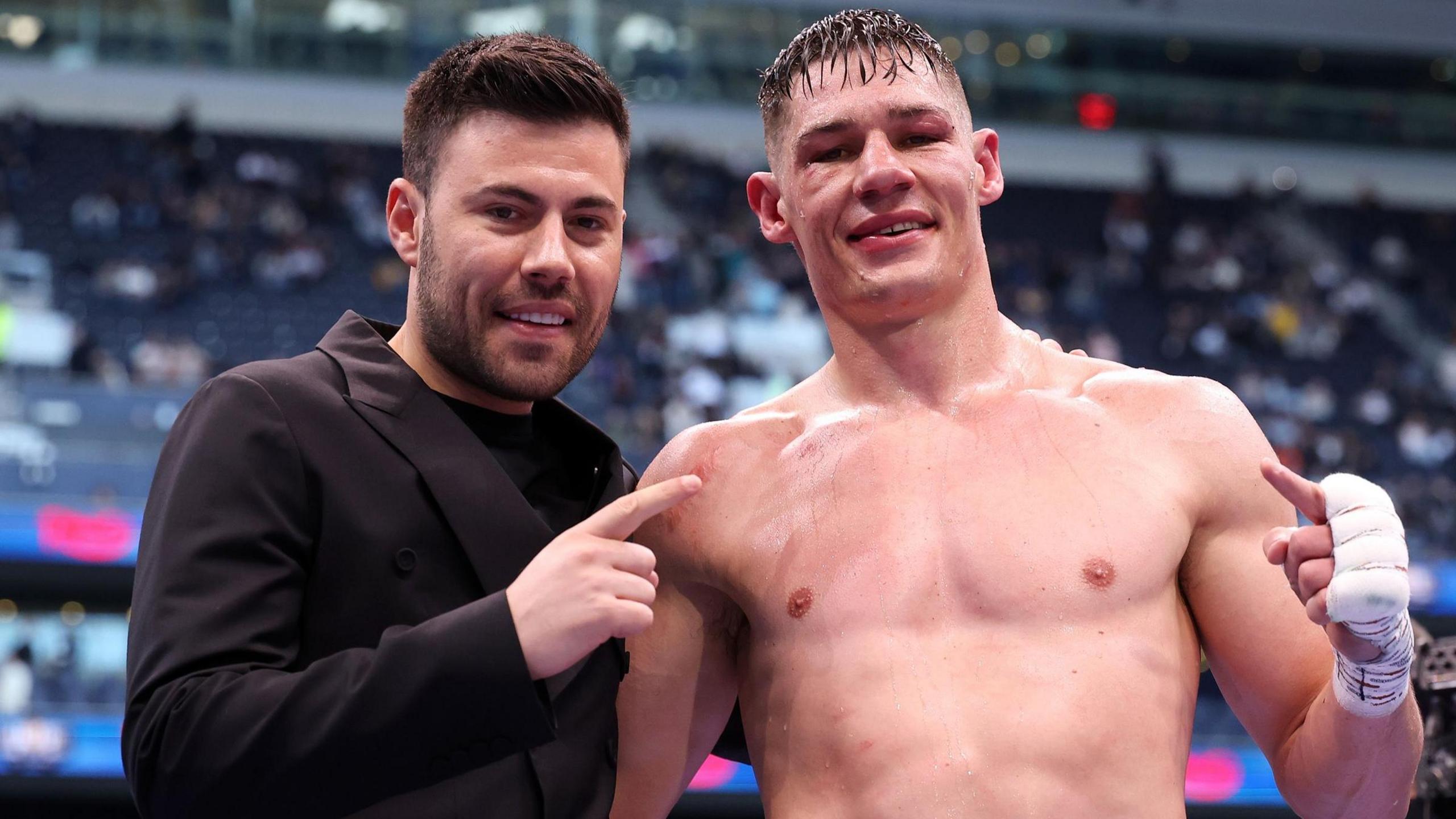 Chris Billam-Smith with Boxxer promoter Ben Shalom after victory against Brandon Glanton