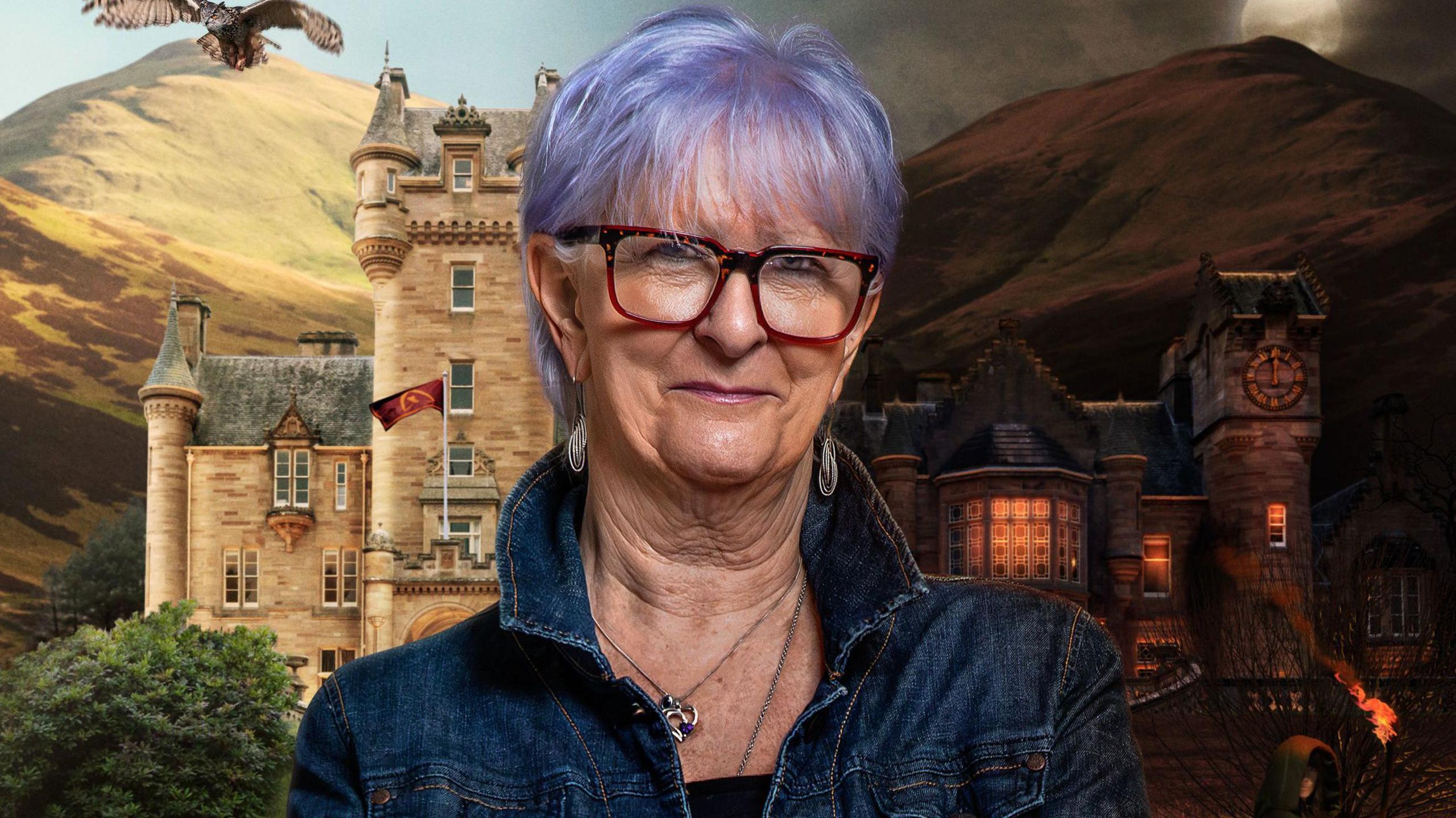 A promo shot of Linda with the Traitors castle behind her. Part of it is a daytime scene, and part is at night. 