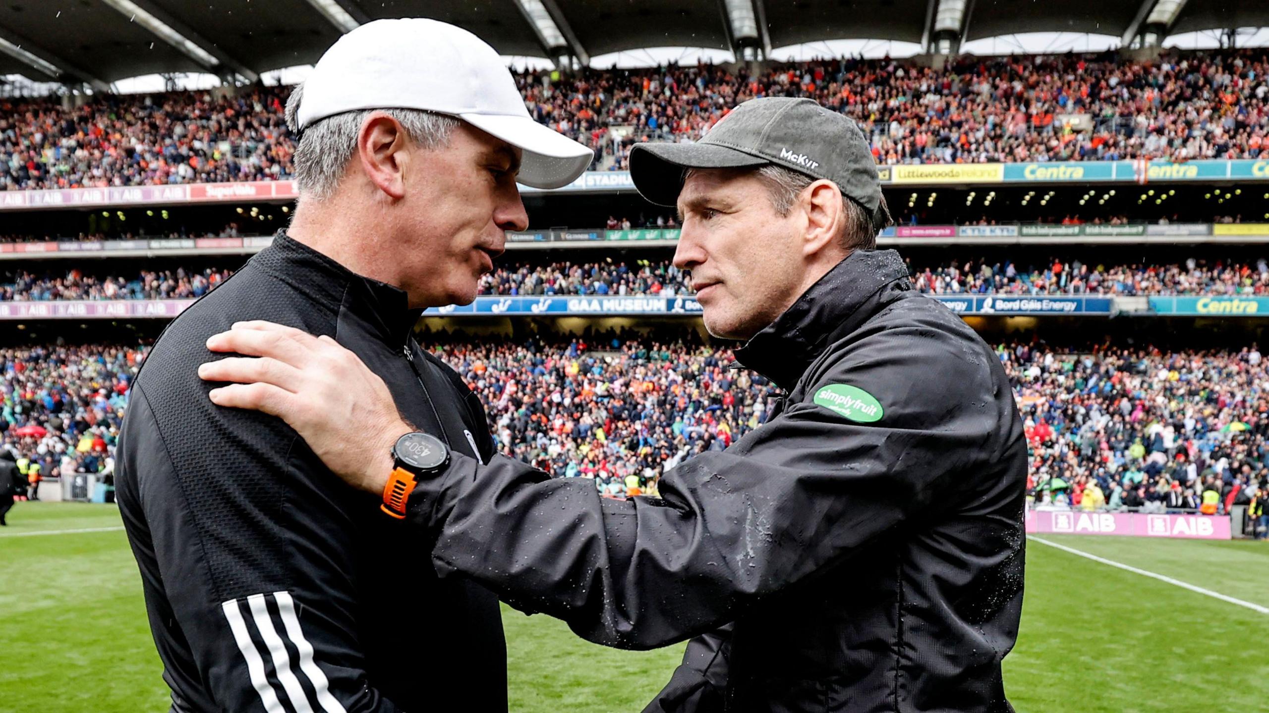 Padraic Joyce and Kieran McGeeney shake hands after Galway's All-Ireland quarter-final win over Armagh in 2022