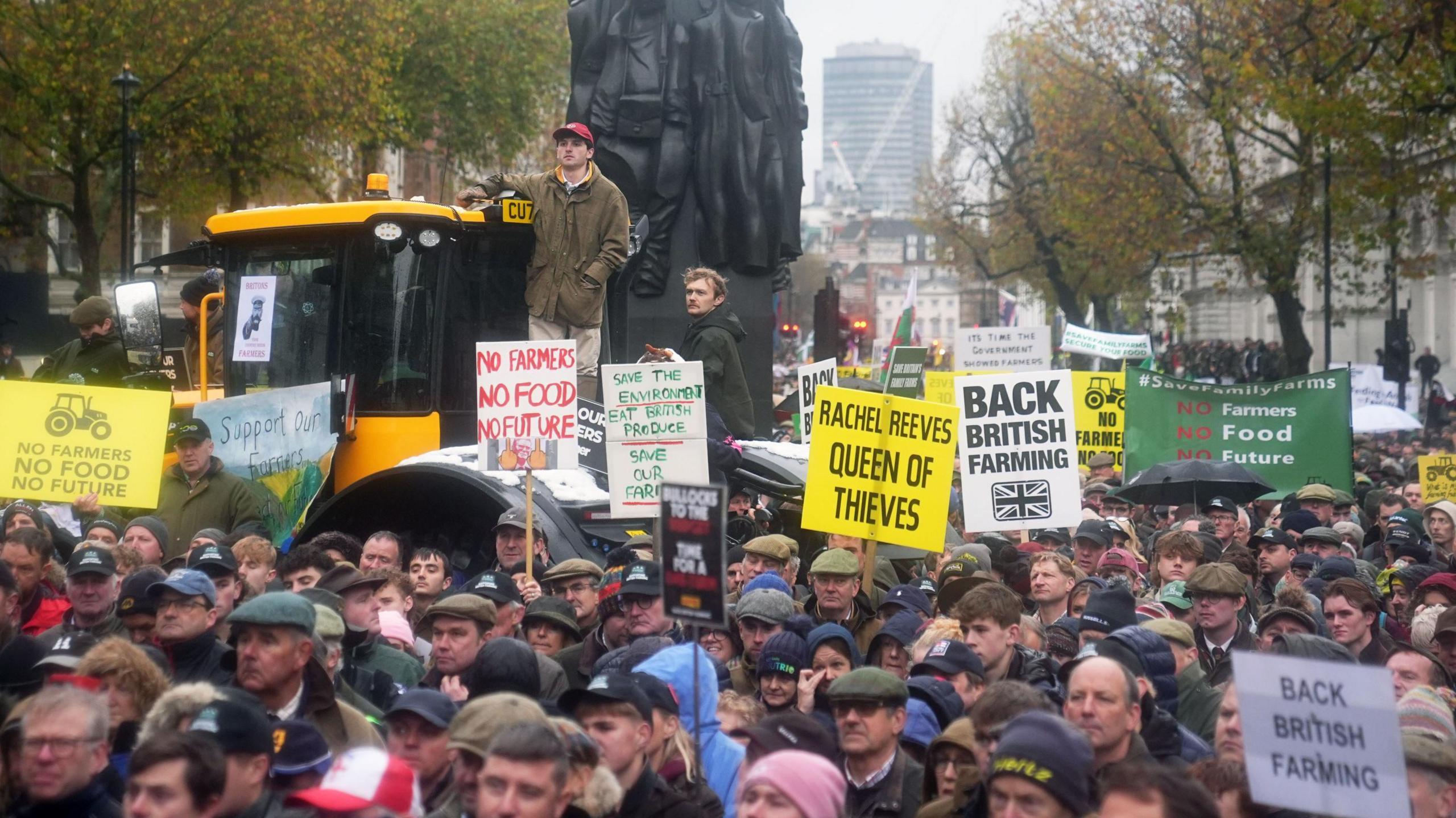 Hundreds of people, some holding placards, stand in a London street during a farmers' protest march. In the centre, a young man wearing a khaki-coloured wax jacket and a red baseball cap stands on the back of a yellow tractor. Behind him, a large black statue rises above the crowd. Placards include slogans such as "no farmers, no food, no future", "back British farming", and "Rachel Reeves, queen of thieves".