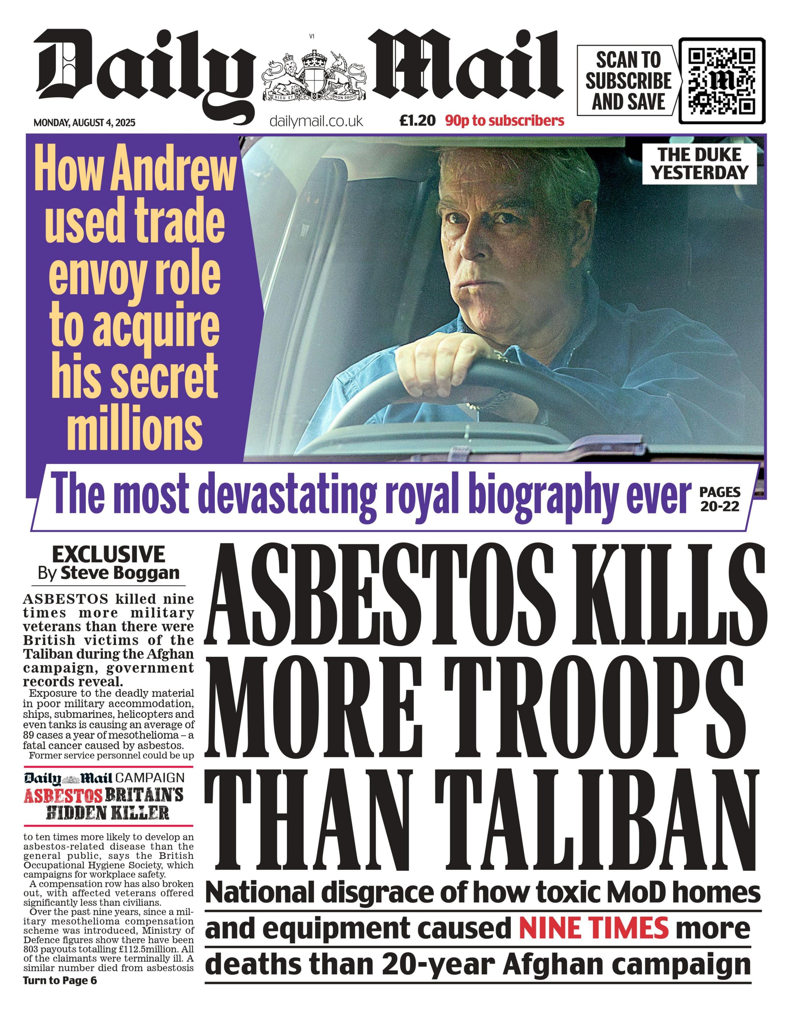 The Daily Mail's headline says "asbestos kills more troops than Taliban". 