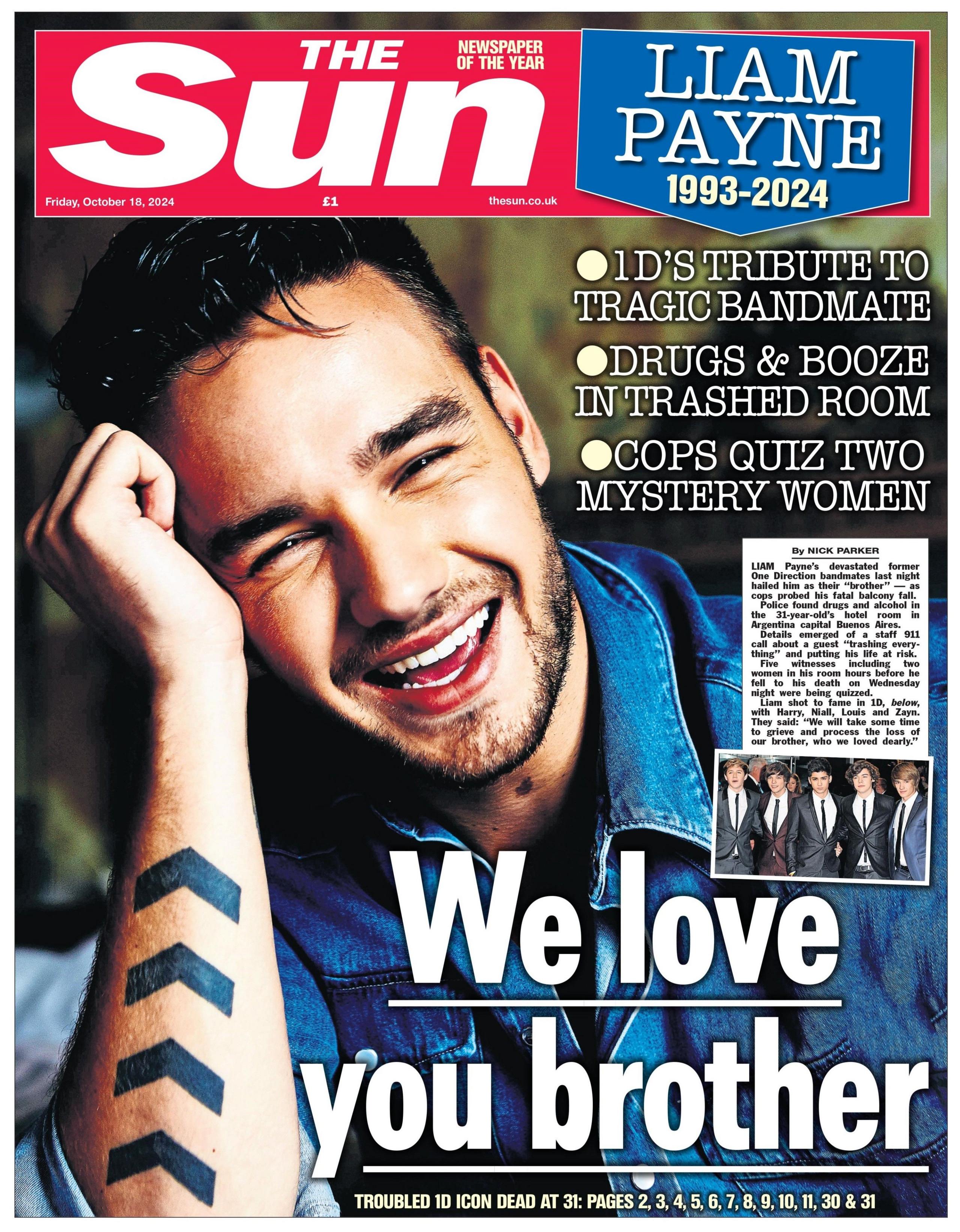 The front page of The Sun. The headline reads "We love you brother". 