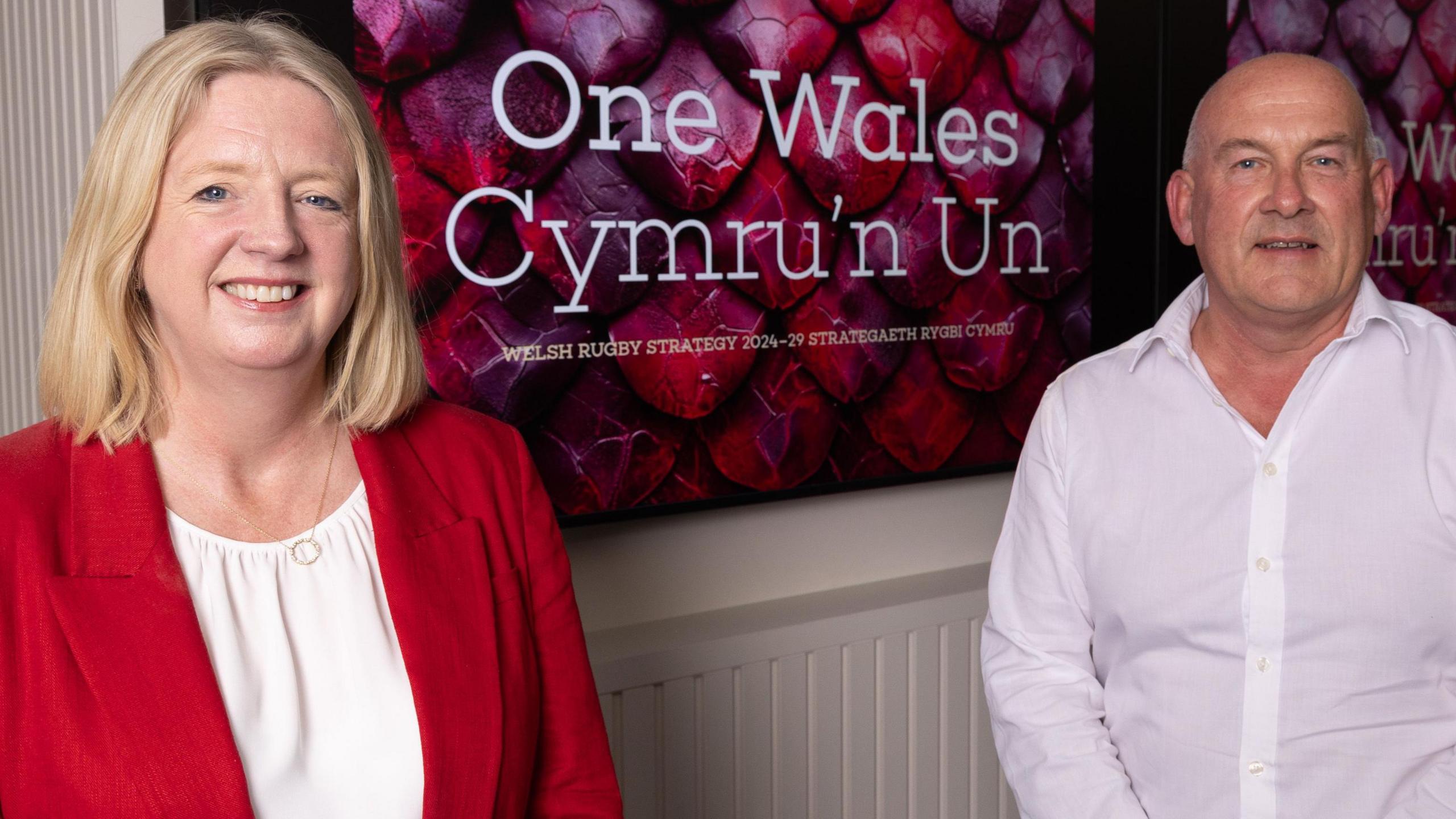 WRU chief executive Abi Tierney and chair Richard Collier-Keywood smiling