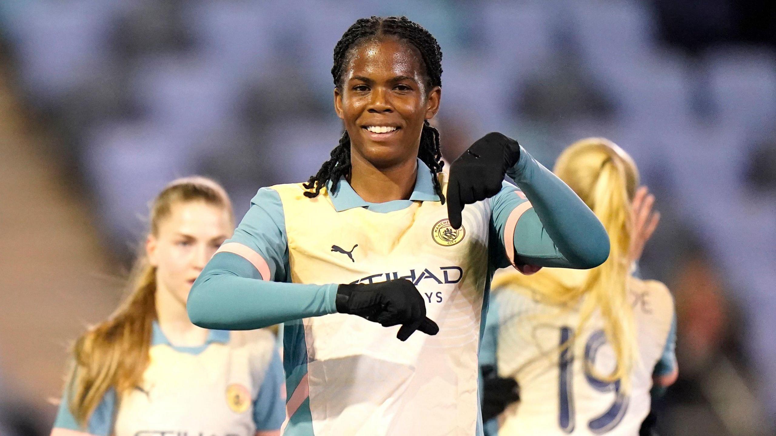 Manchester City's Khadija Shaw celebrates scoring their side's second goal