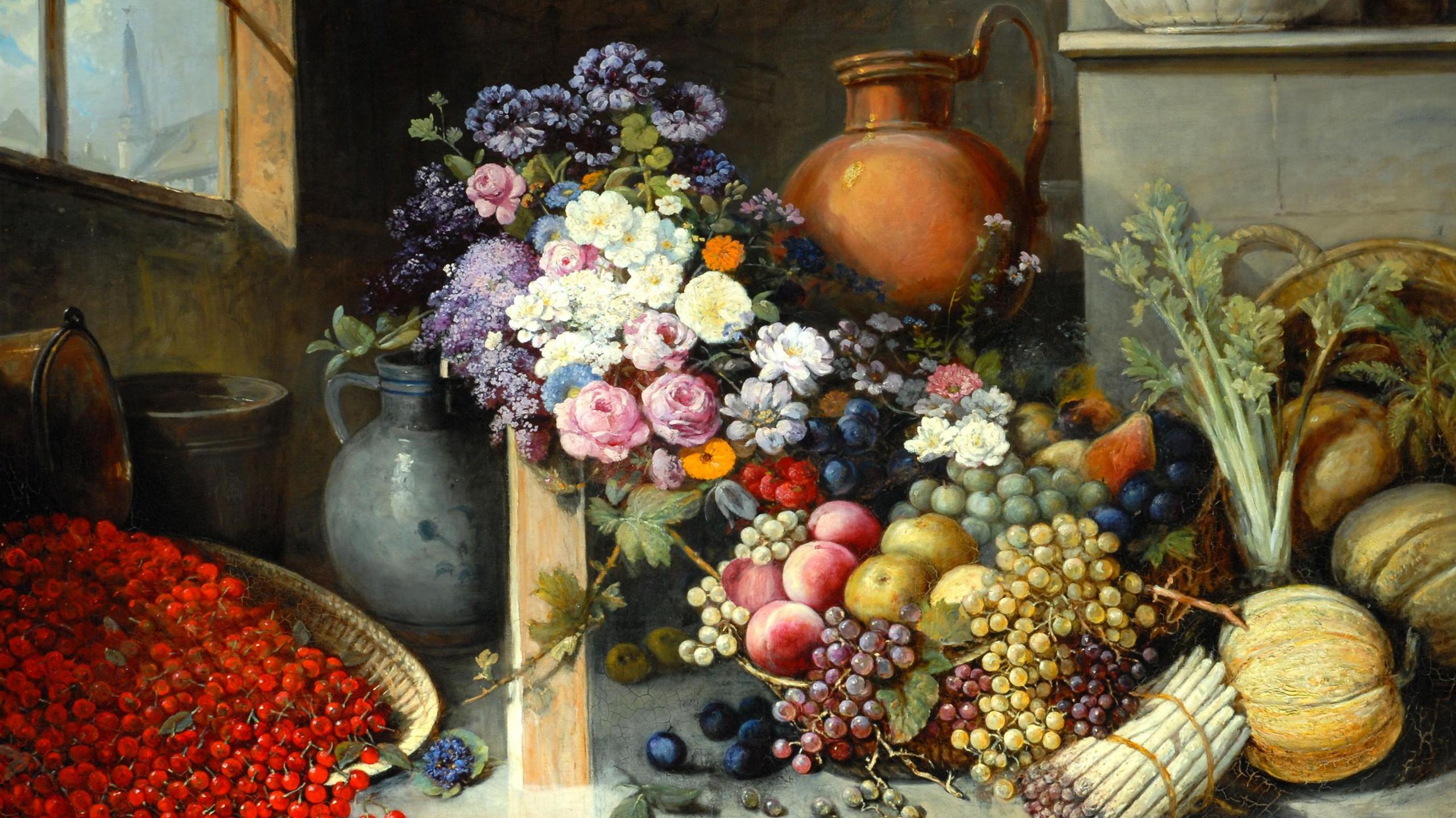 Oil painting of a still life, with a bunch of flowers, including roses, cornflowers and marigolds, next to a bowl of different coloured grapes and apples. On the bottom right is a basket of redcurrants, and to the left, nestling against the fruit bowl, a bunch of asparagus, three pumpkins or squashes and some celery. In the background are a number of large jugs or vases, and through the corner of a window in the top left can be seen a church steeple.