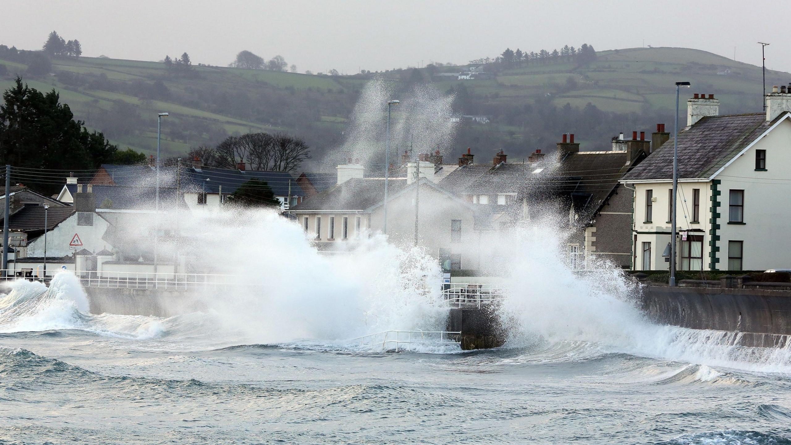 High winds and sea hitting against the sea wall on the Antrim coast road in Co Antrim