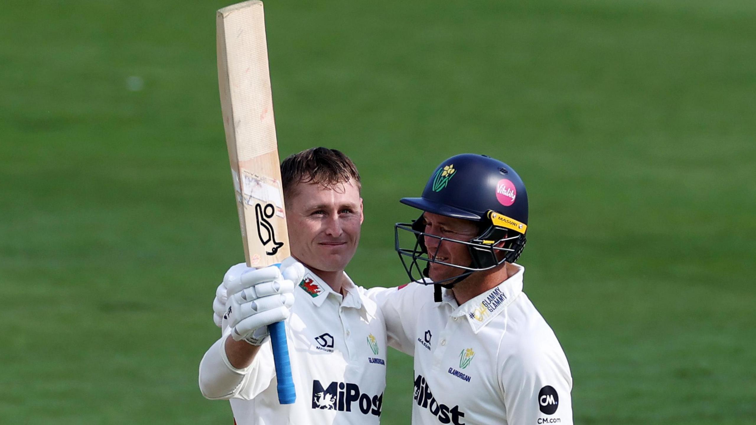 Marnus Labuschagne (left) is congratulated by Glamorgan Colin Ingram 